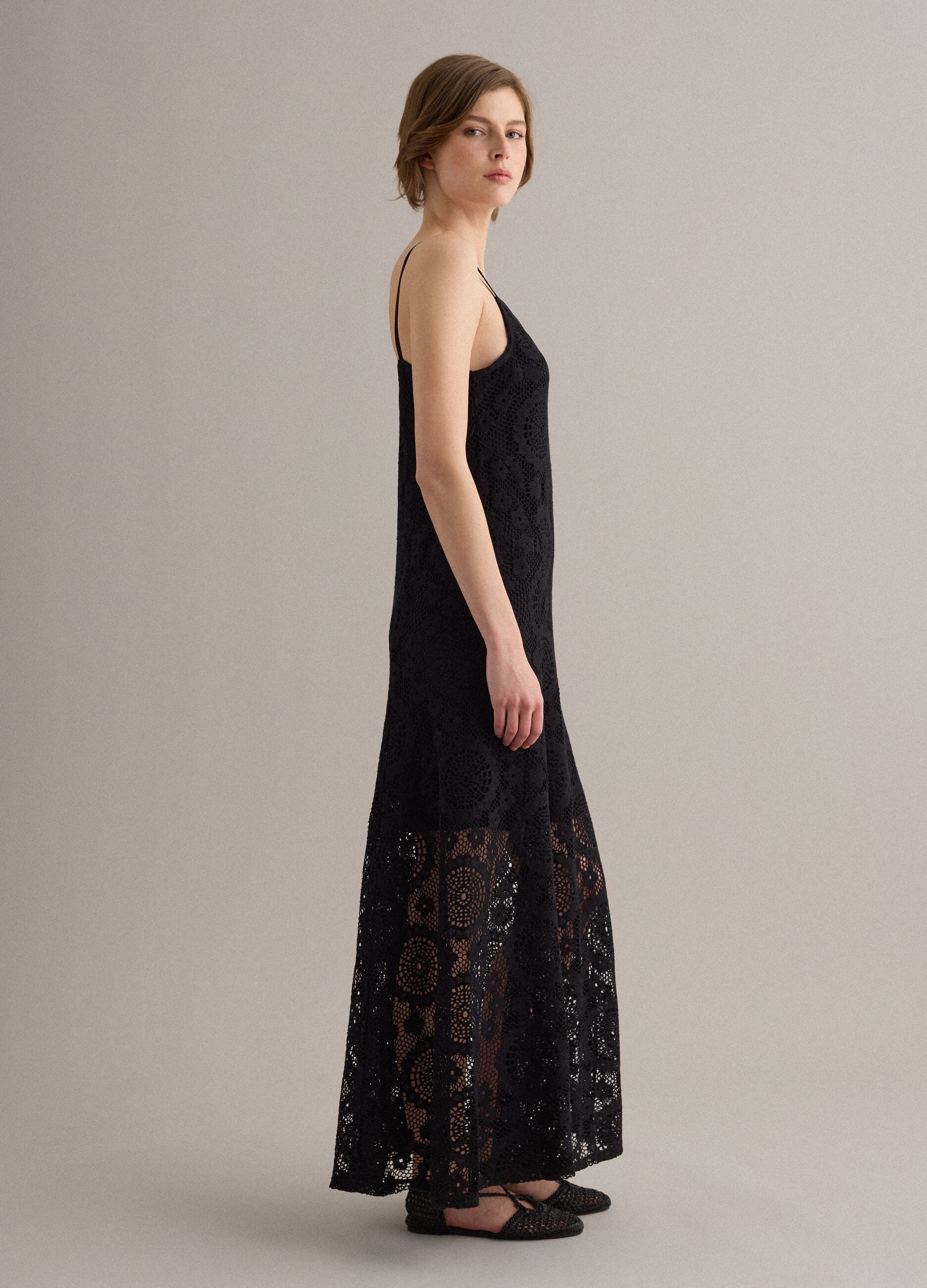 Long black crochet dress with V-neck, regular fit