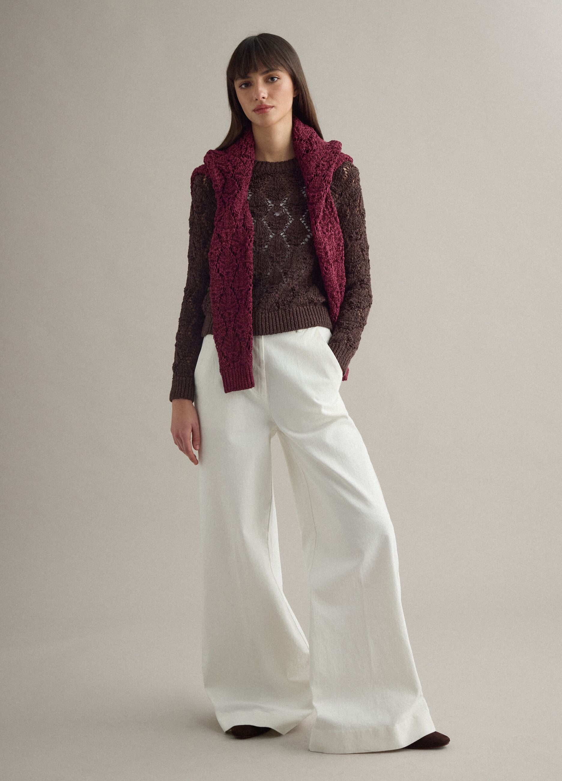 Brown regular fit cotton-blend jumper with a knitted pattern