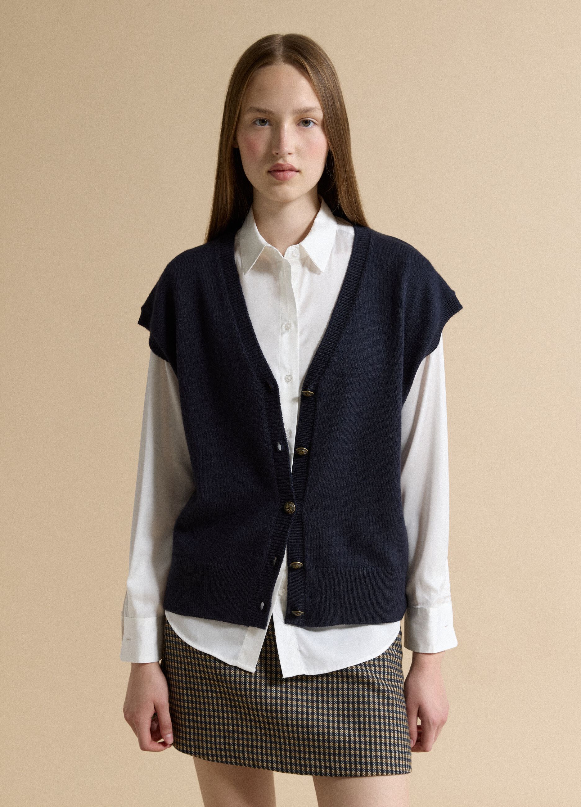 Blue deep V-neck oversized button-up gilet