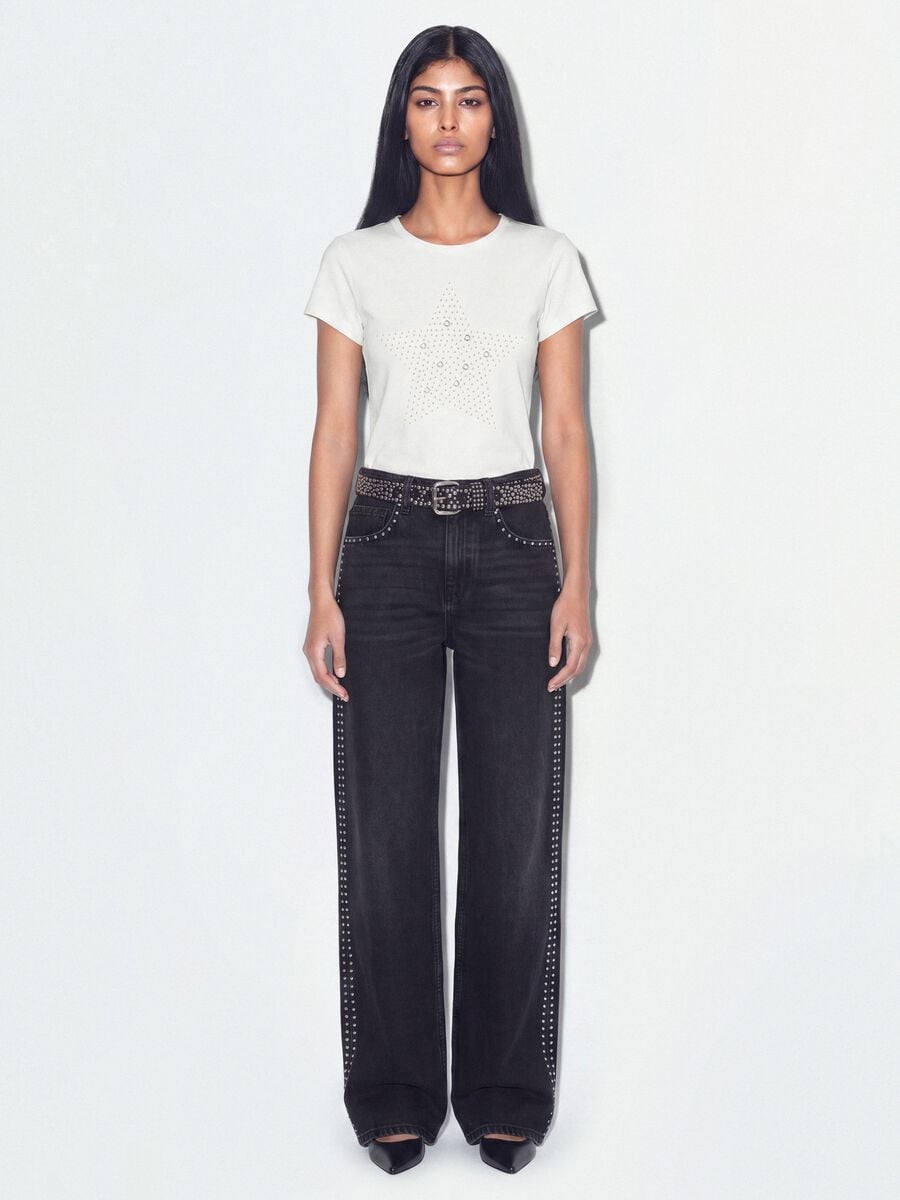 White fitted stretch-cotton T-shirt with rhinestone embellishment_1