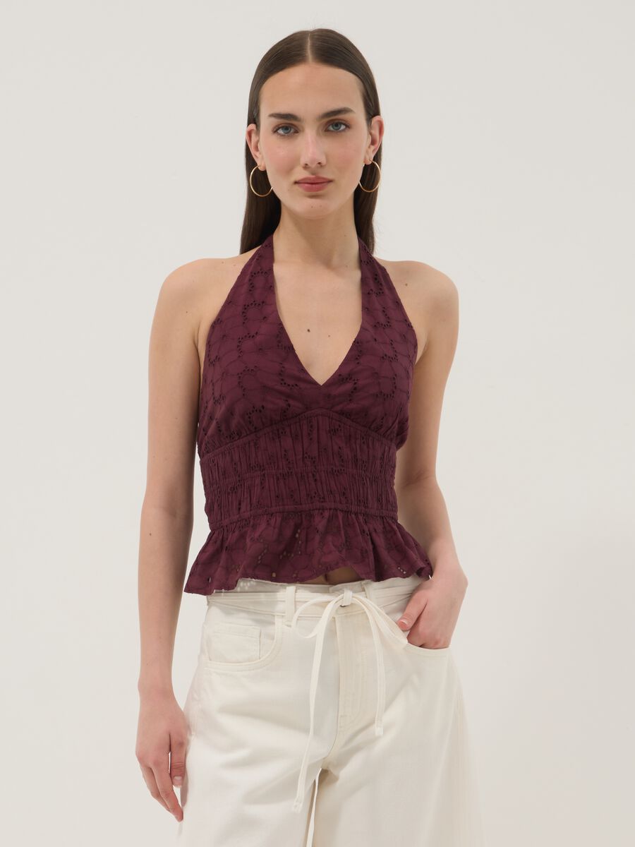 Top viola in puro cotone con scollo all'americana_1