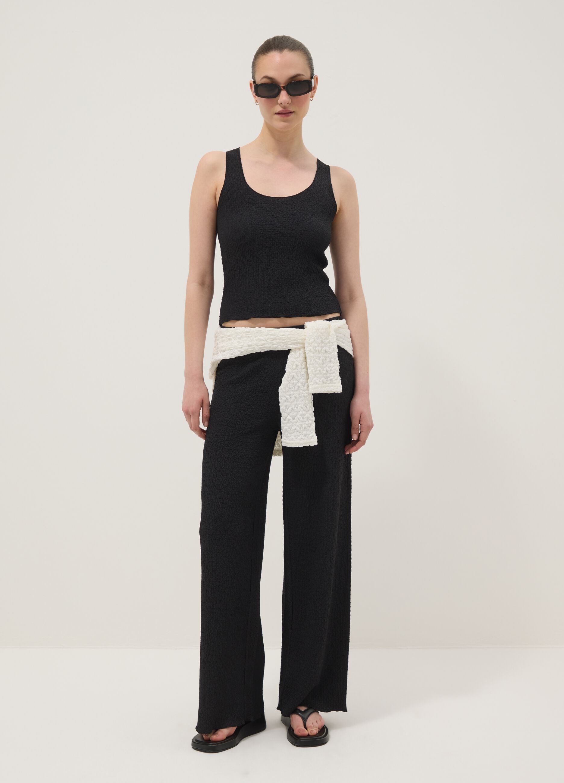 Black stretch tank top with crinkled texture