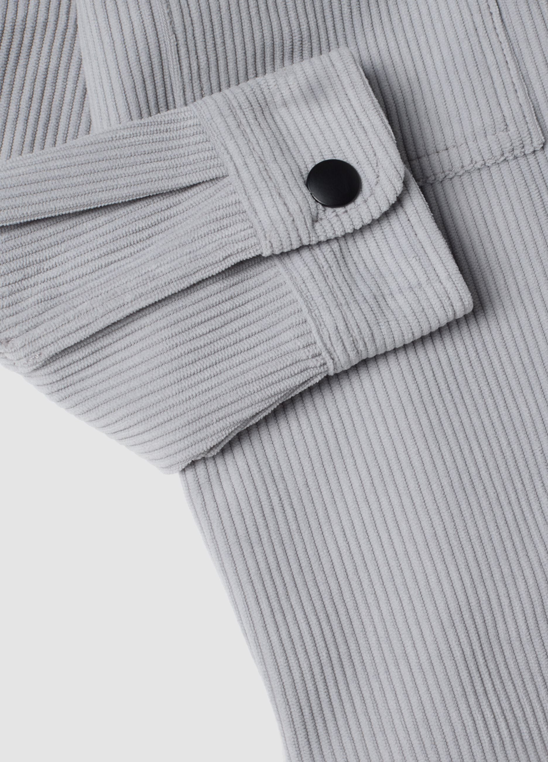 Grey ribbed shirt with zip and classic collar, oversized fit