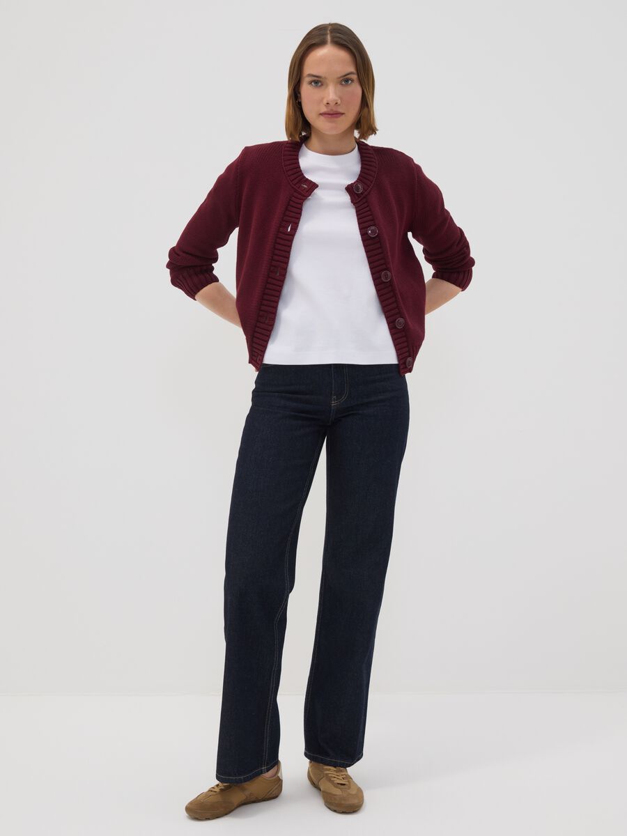 Burgundy pure cotton crew-neck cardigan with buttons, regular fit_1
