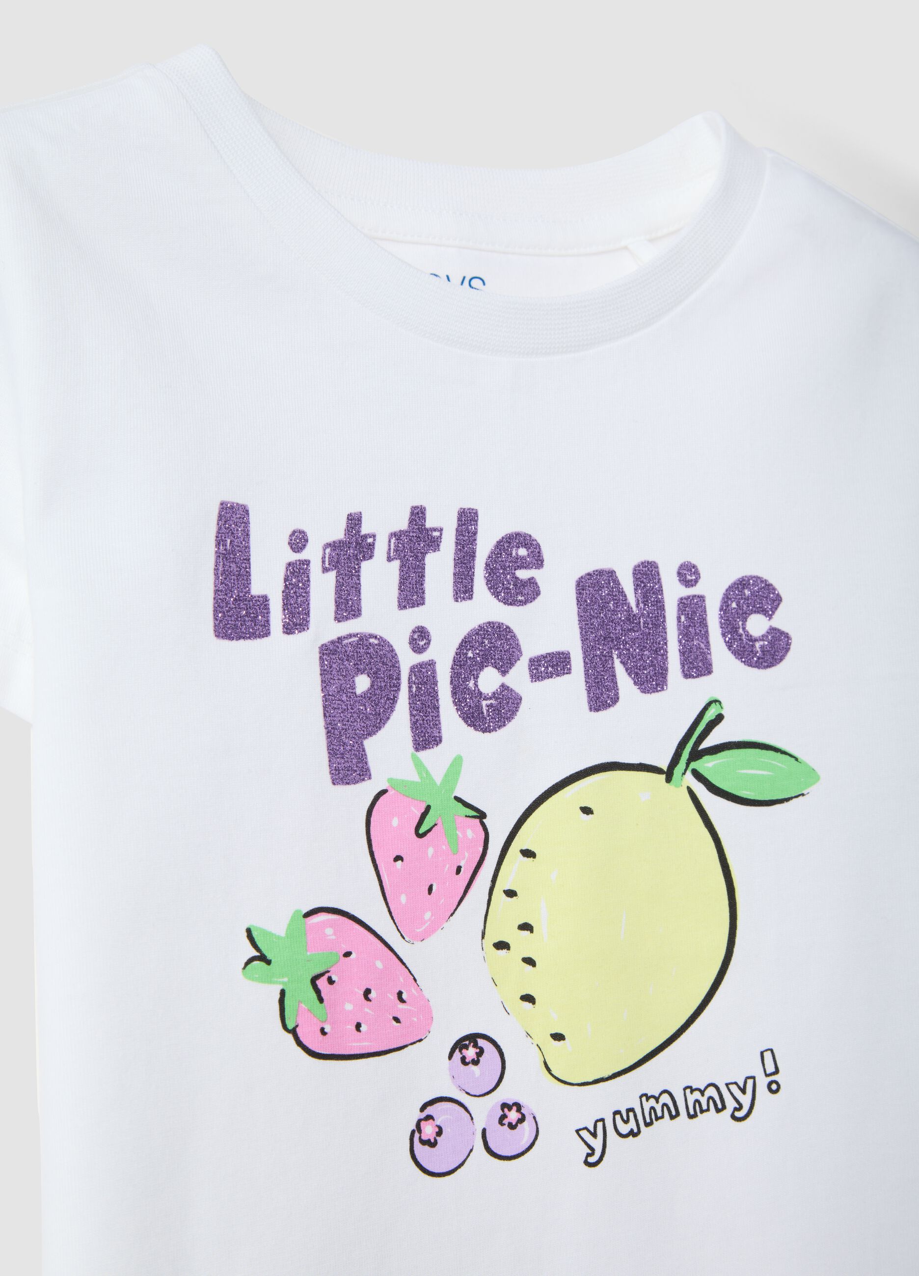 Girls' white pure cotton T-shirt with fruit print, regular fit