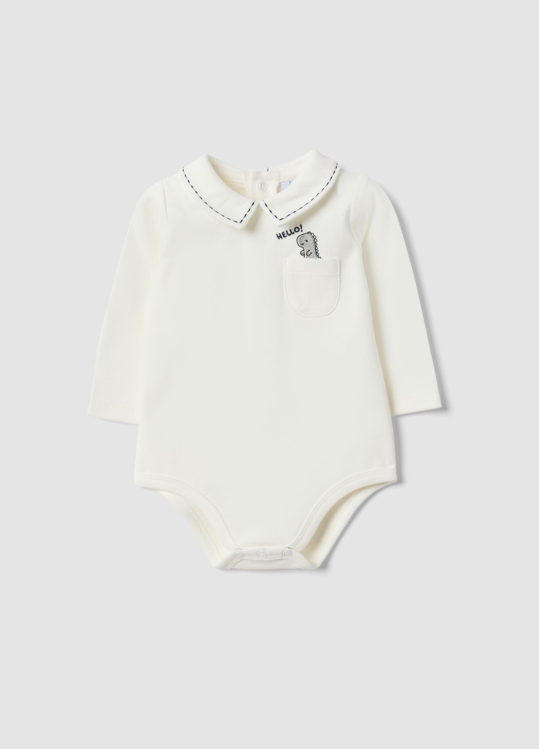 White organic cotton baby bodysuit with collar and dinosaur