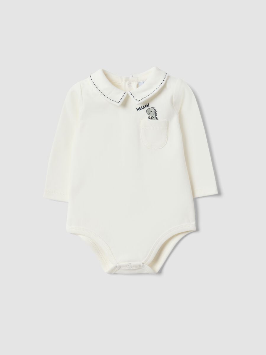 White organic cotton baby bodysuit with collar and dinosaur_0