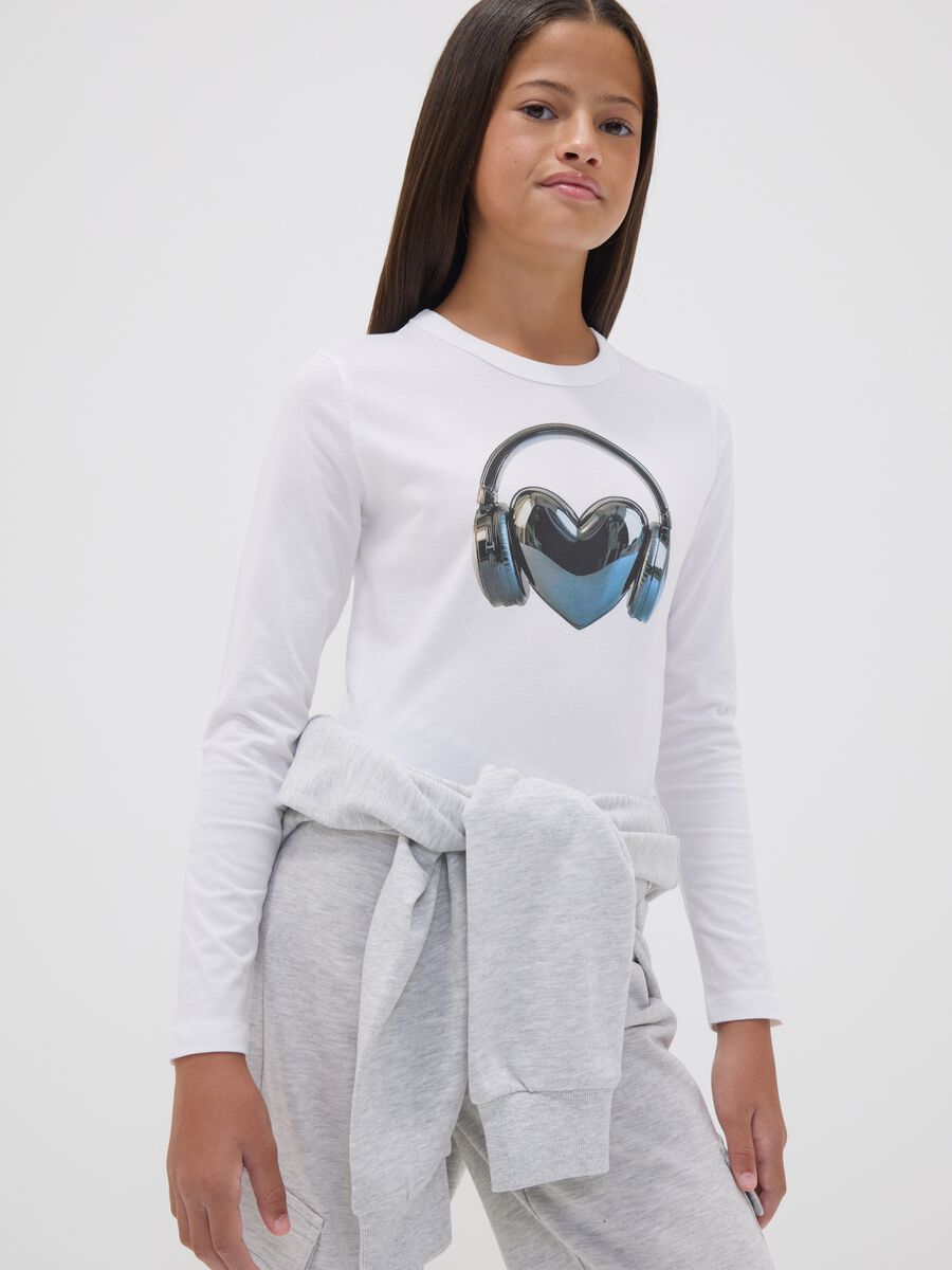 White pure organic cotton T-shirt with ribbed neckline for girls_0