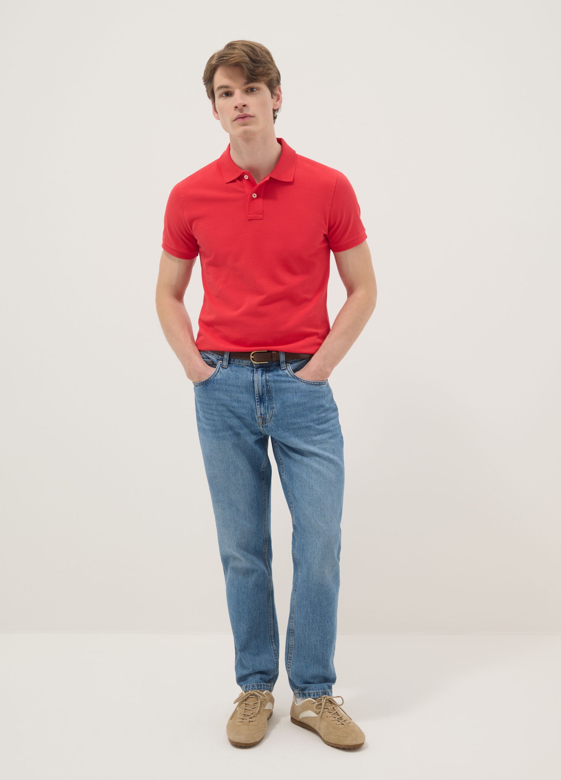 Slim fit pure cotton red short sleeve polo shirt
