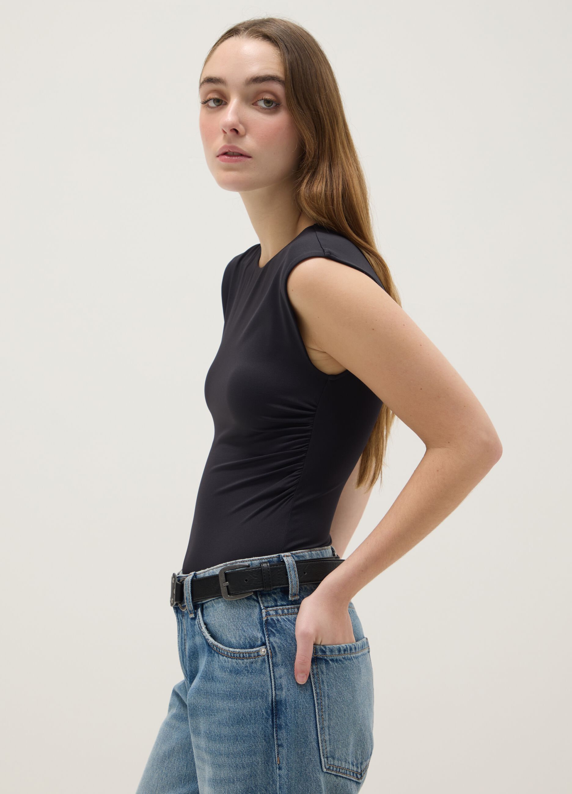 Black stretch fabric bodysuit regular fit