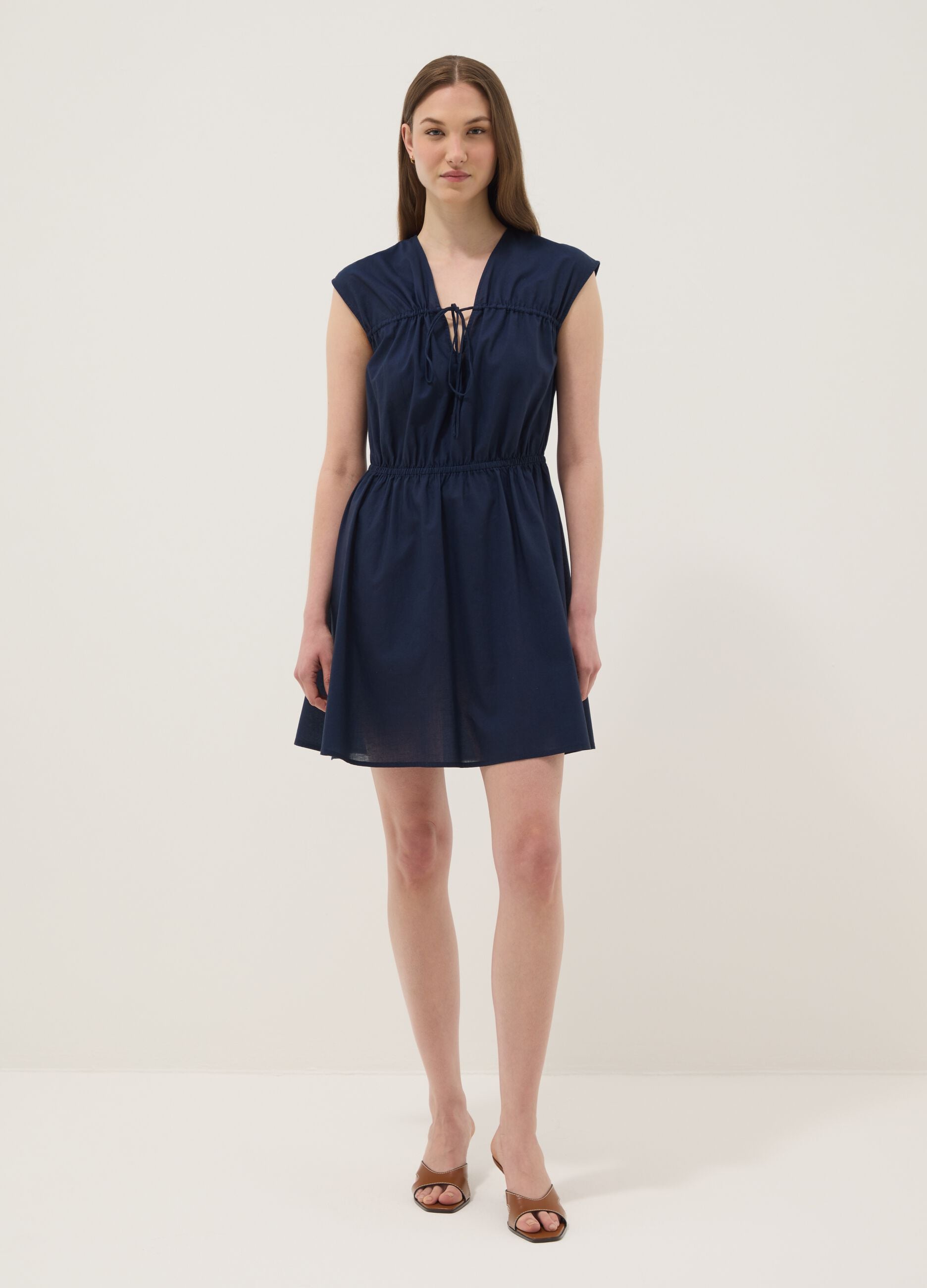 Blue pure cotton V-neck dress