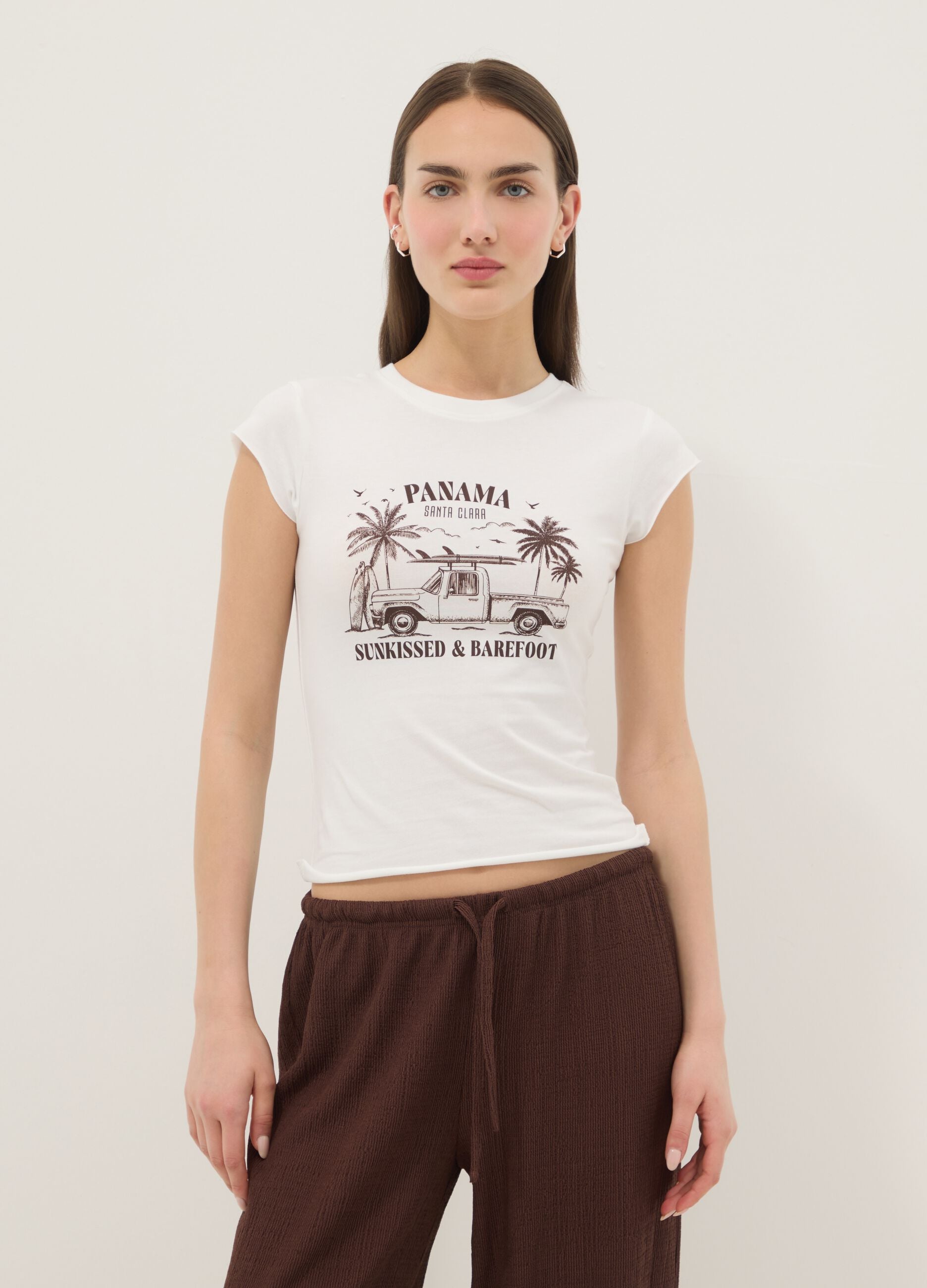 White fitted stretch-cotton T-shirt with print