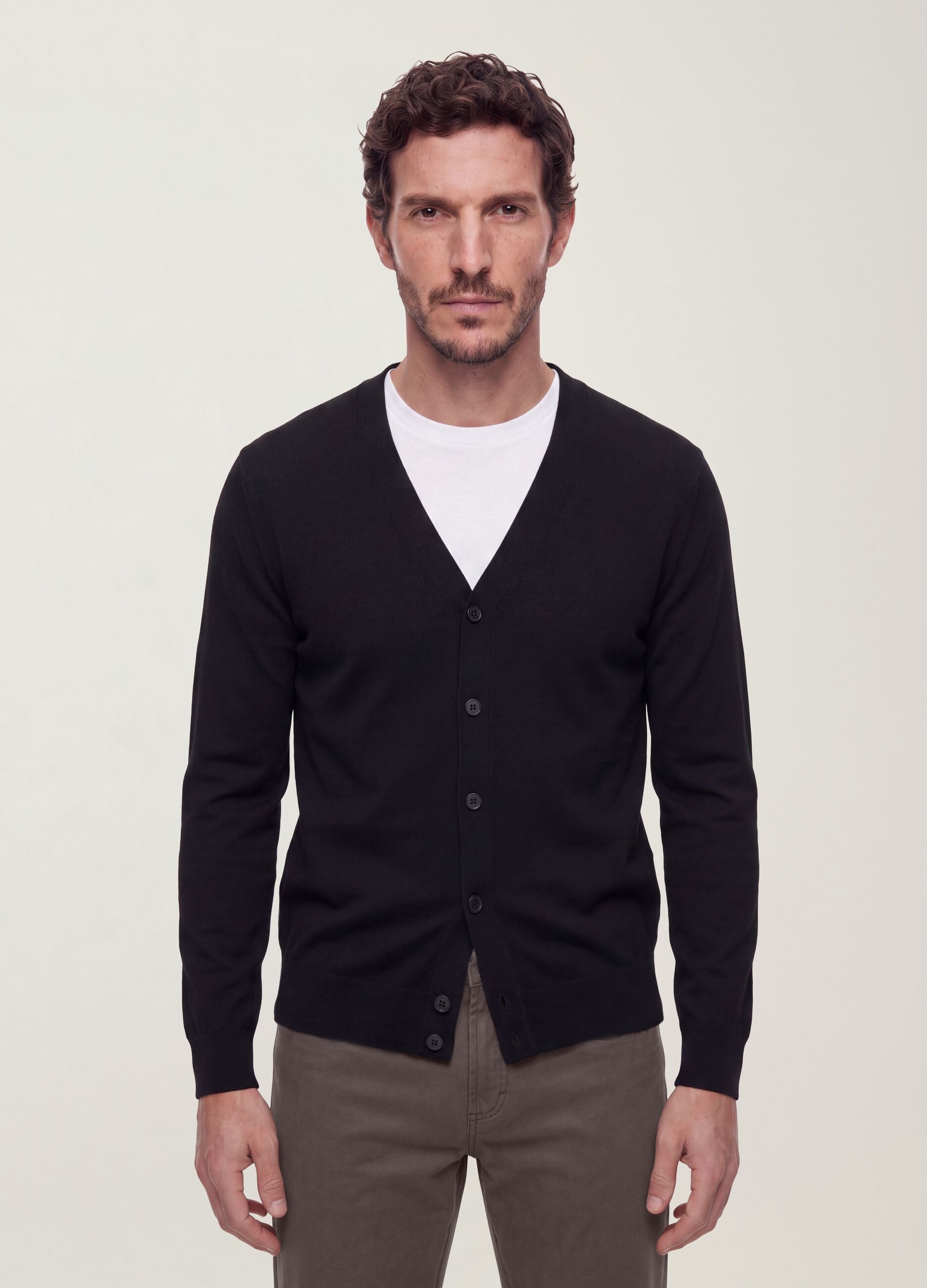 Black viscose-blend V-neck cardigan, regular fit