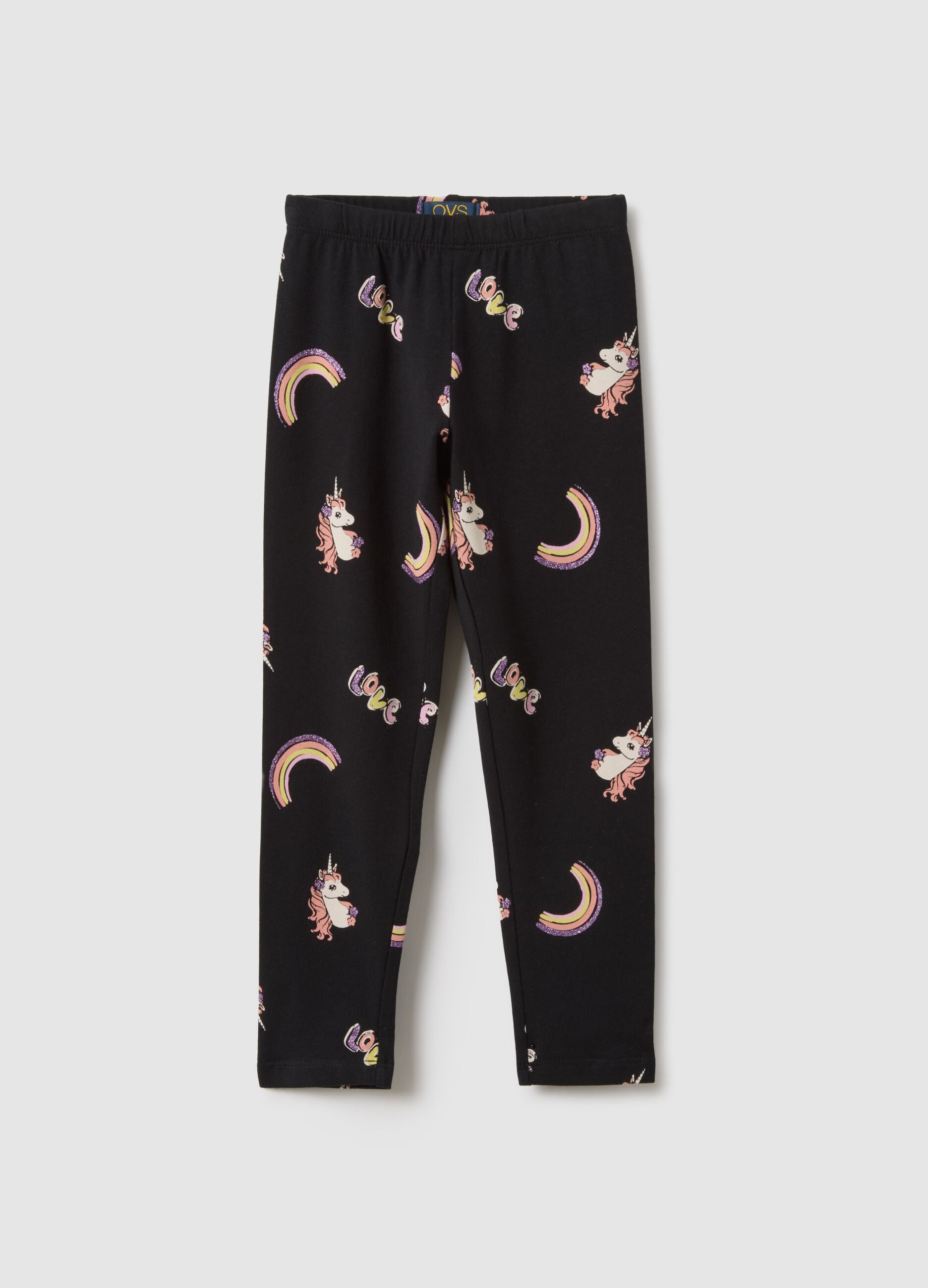Girls' Black Stretch Cotton Skinny Fit Leggings with Prints