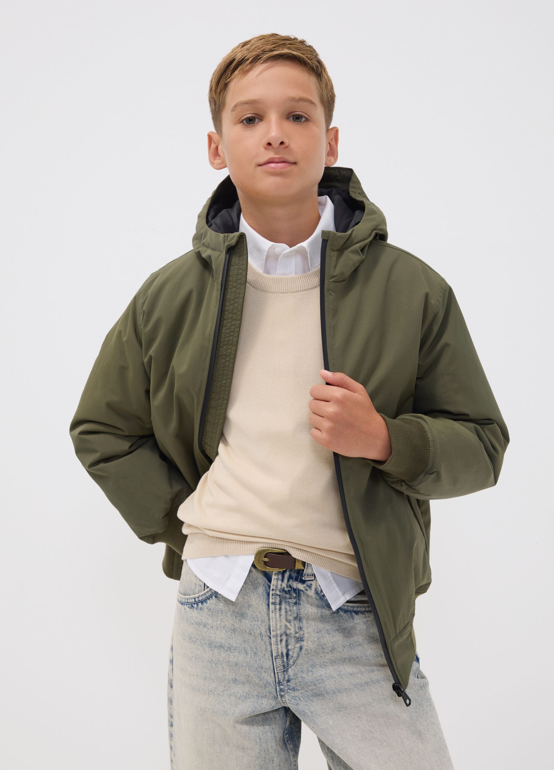 Green waterproof hooded bomber jacket with zip for boys