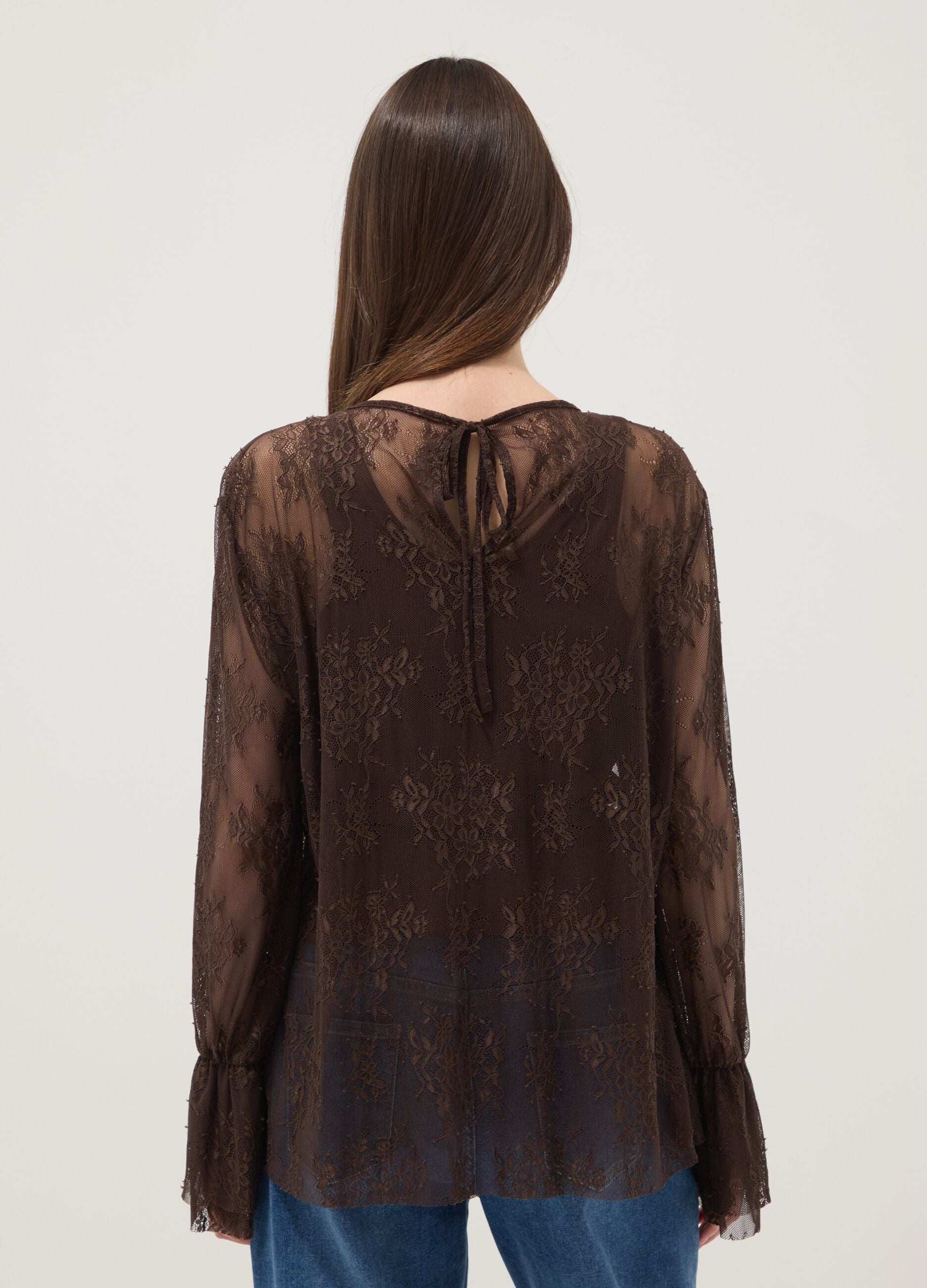 Brown stretch lace blouse with regular fit