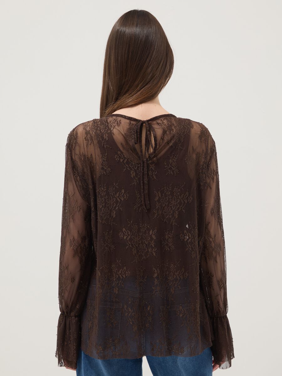 Brown stretch lace blouse with regular fit_3