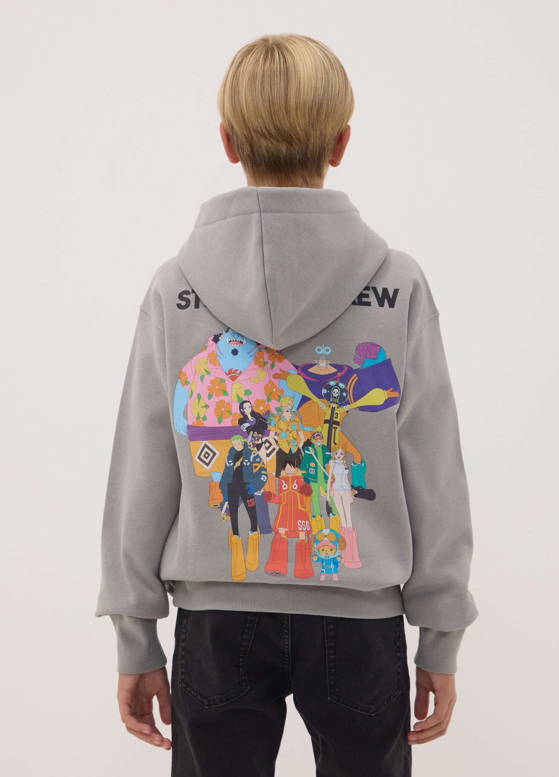 Grey hooded sweatshirt in cotton blend with One Piece print, oversized fit