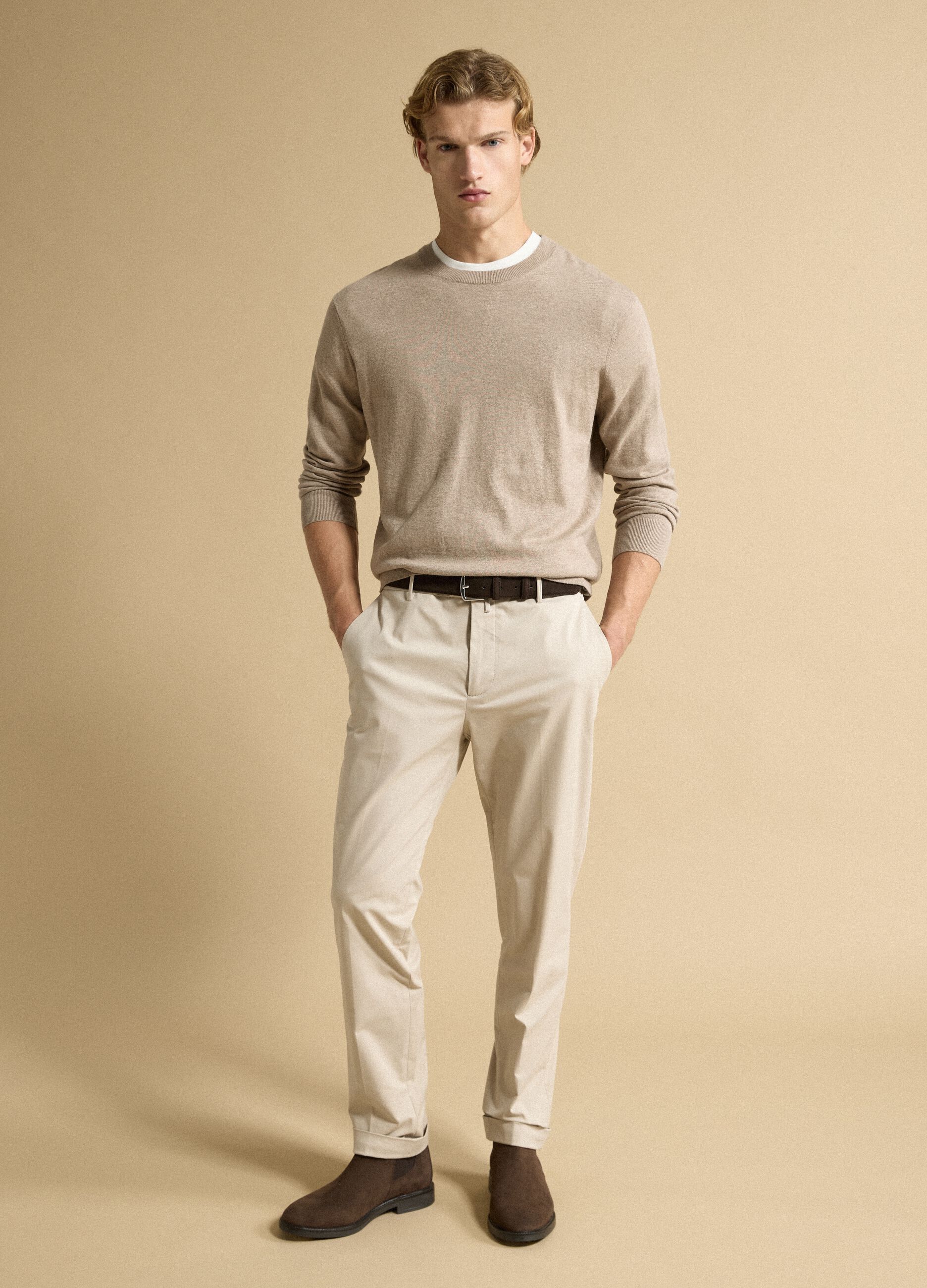 Beige crew-neck jumper in cotton and cashmere blend, regular fit
