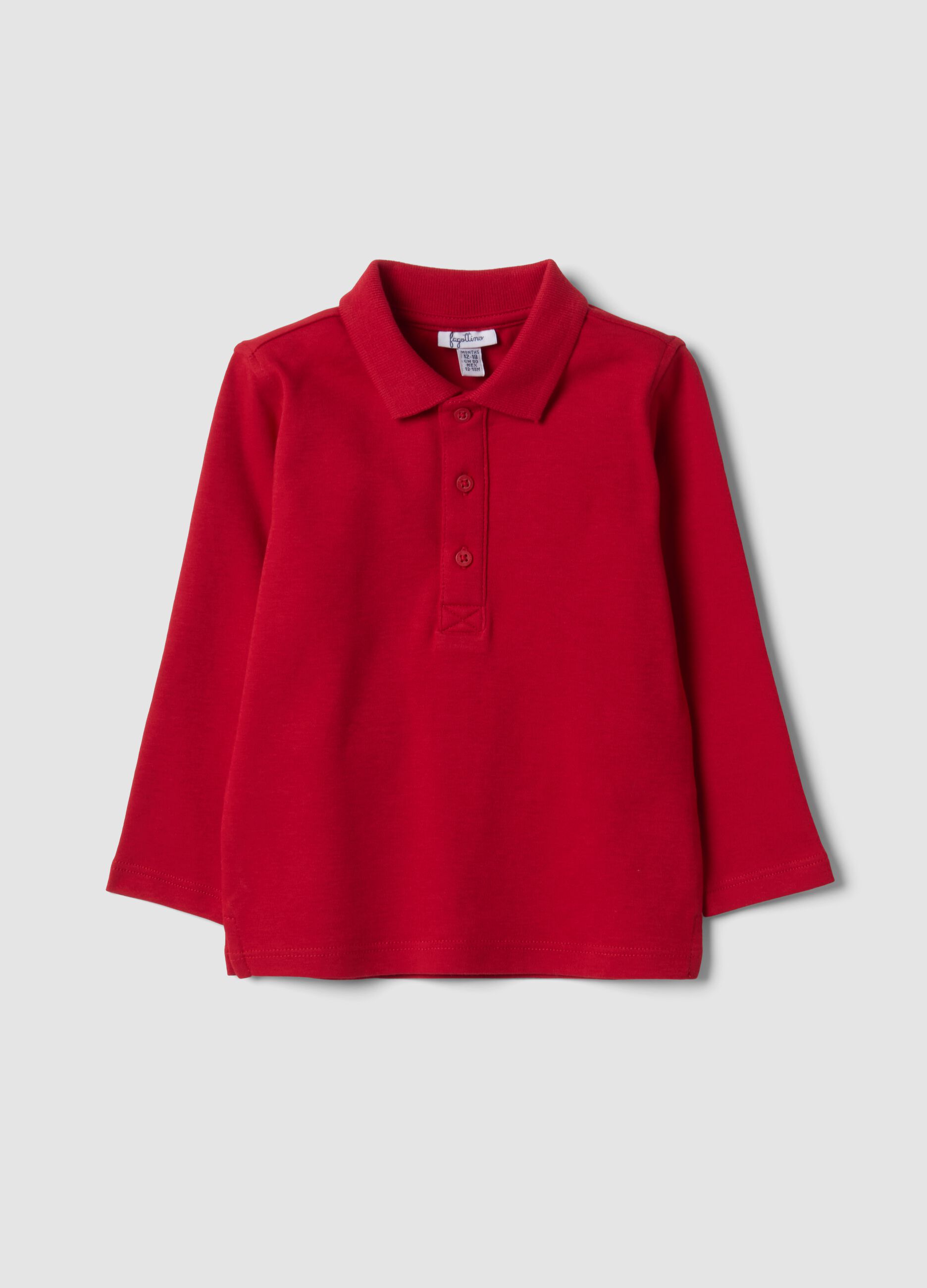 Red long-sleeve polo shirt in pure organic cotton for baby boy