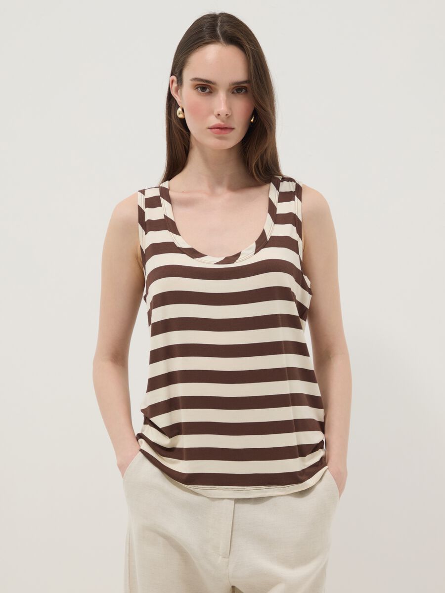 Brown striped stretch viscose tank top_0