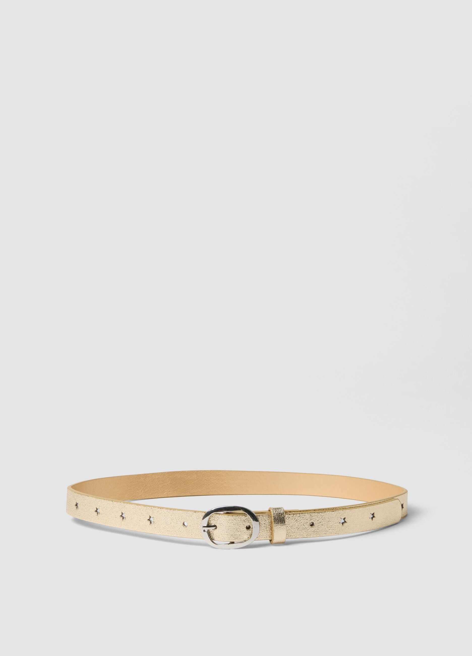 Glossy yellow belt with round buckle and star cut-outs