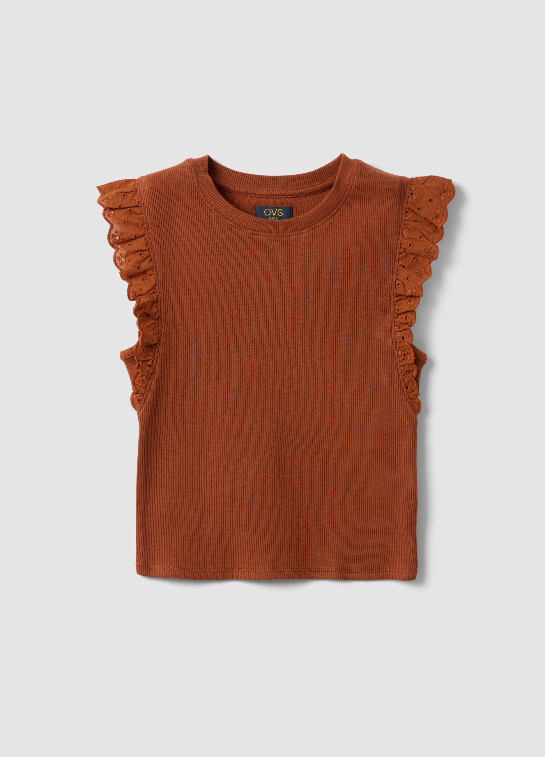 Brown stretch cotton T-shirt with ruffles