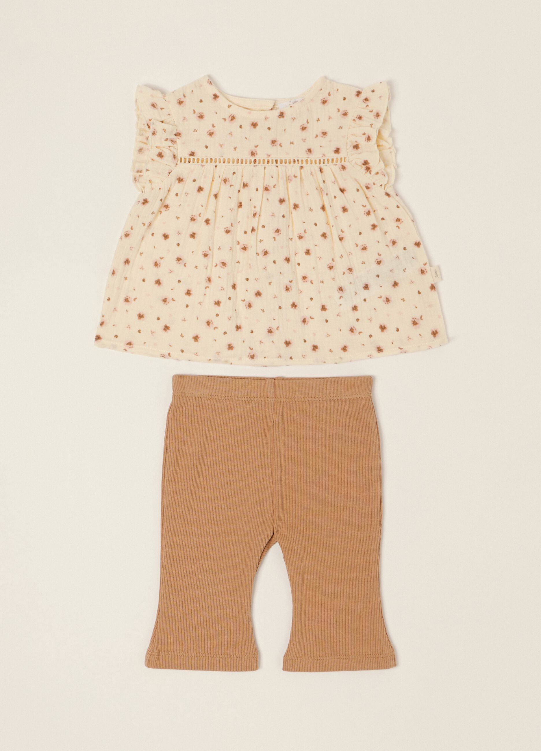 Completo beige da neonata in puro cotone con stampa floreale