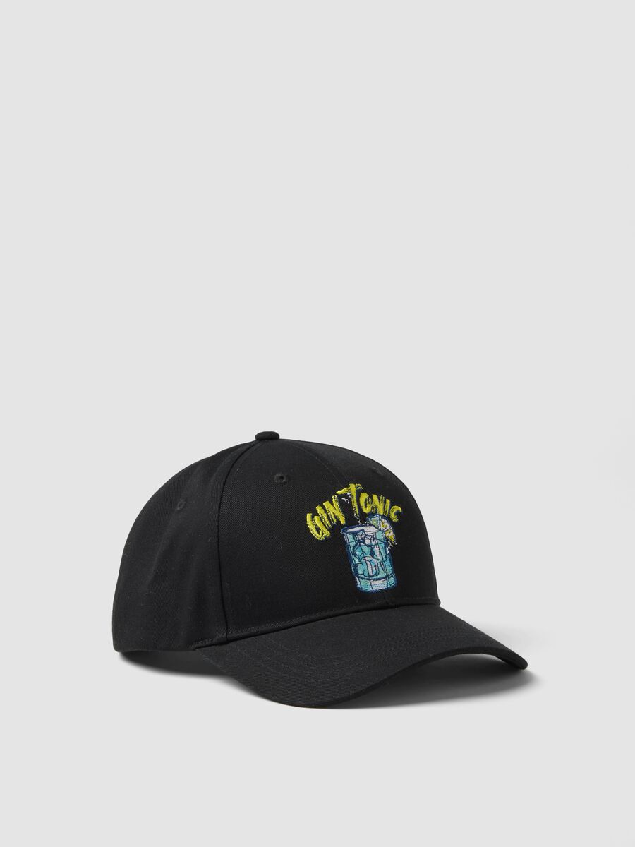 Pure Black Cotton Baseball Cap with Gin Tonic Embroidery_0