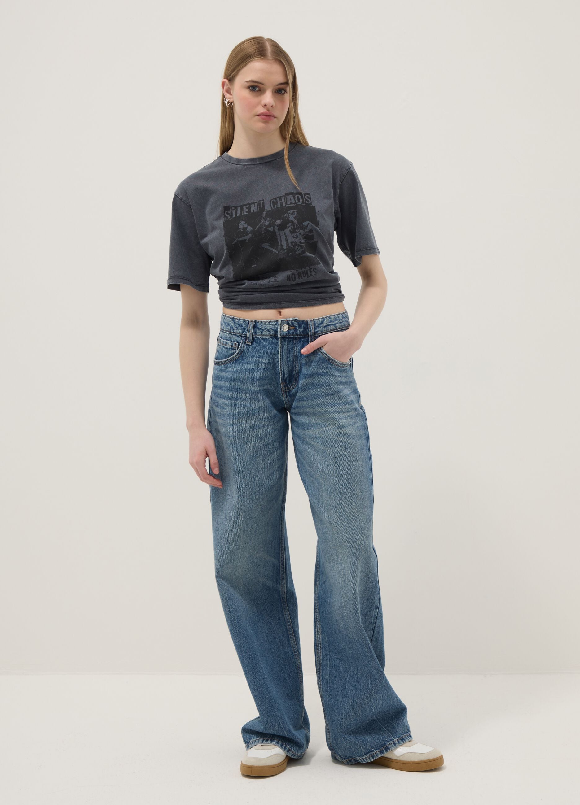 Grey pure cotton relaxed fit T-shirt with print