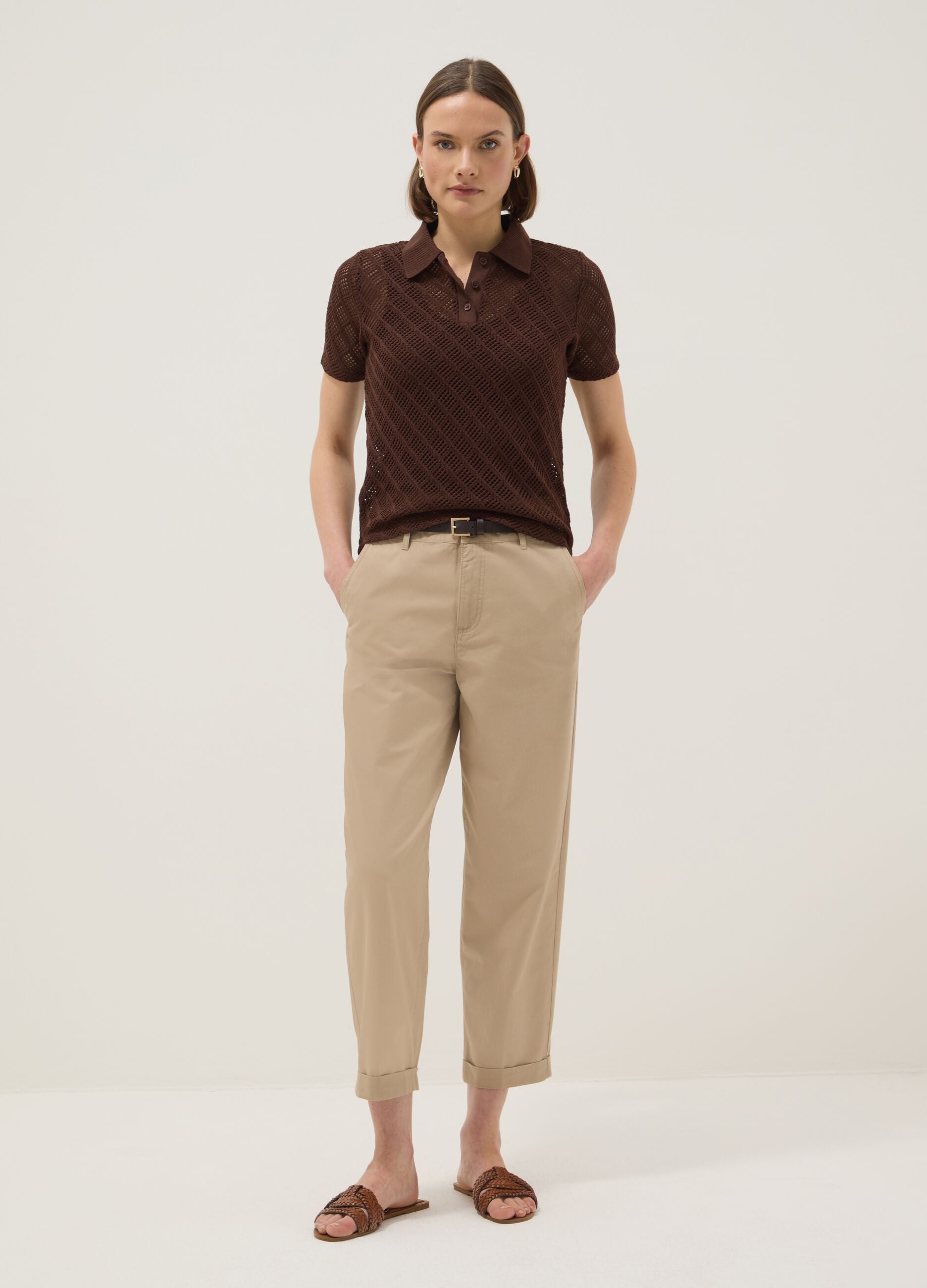 Brown regular fit short sleeve polo with mesh texture