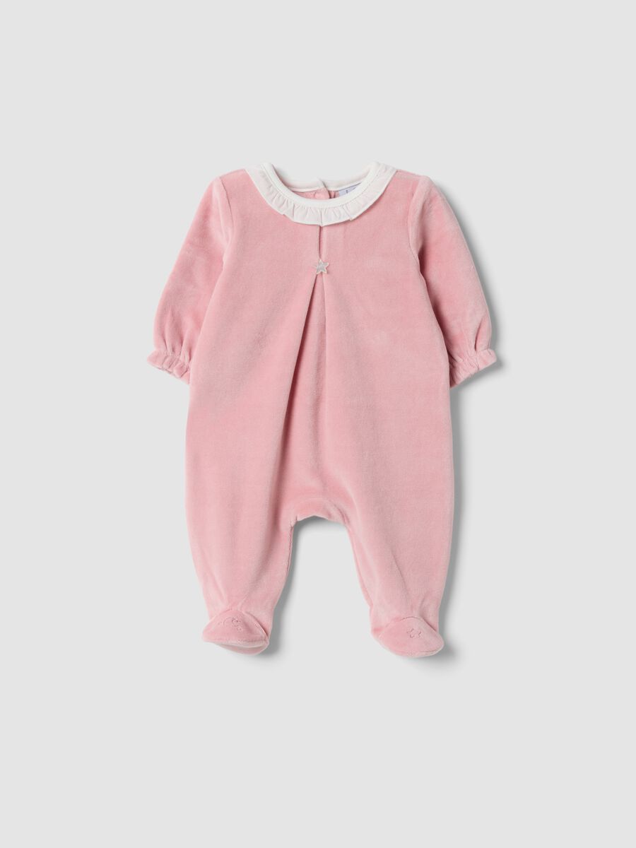 Pink organic cotton-blend baby sleepsuit with ruffle collar_0