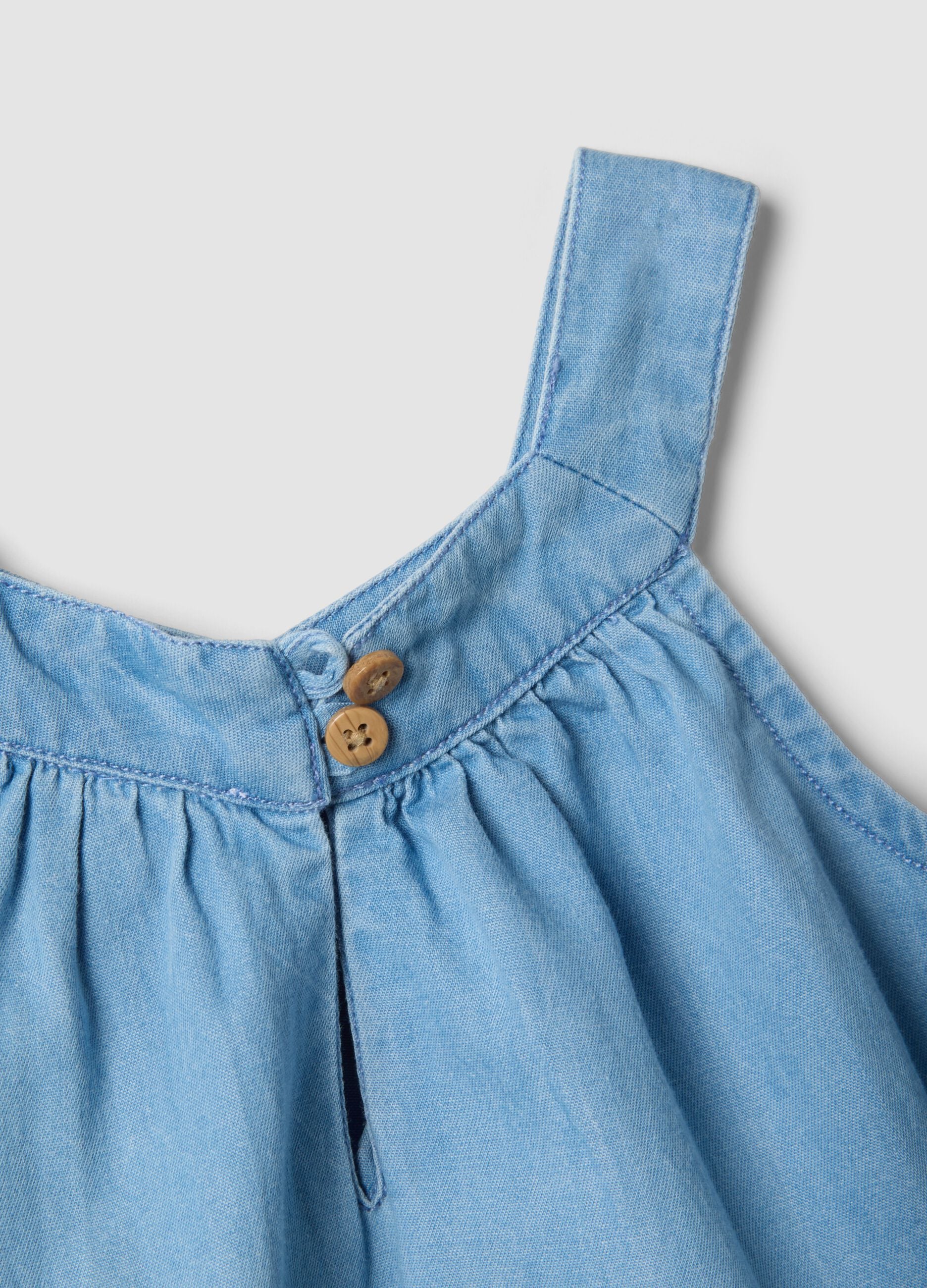 Sky-blue pure cotton dress with floral embroidery