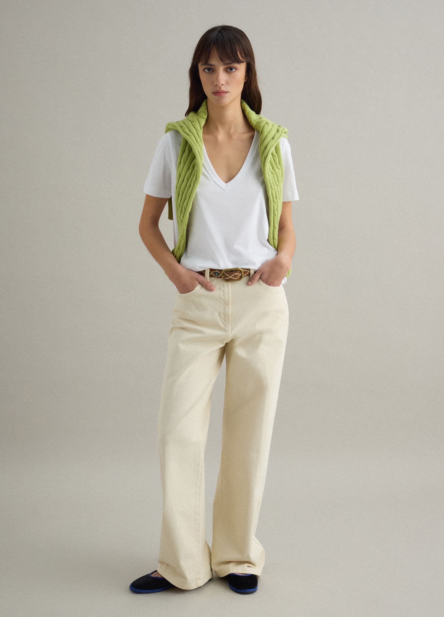 White pure cotton T-shirt regular fit deep V