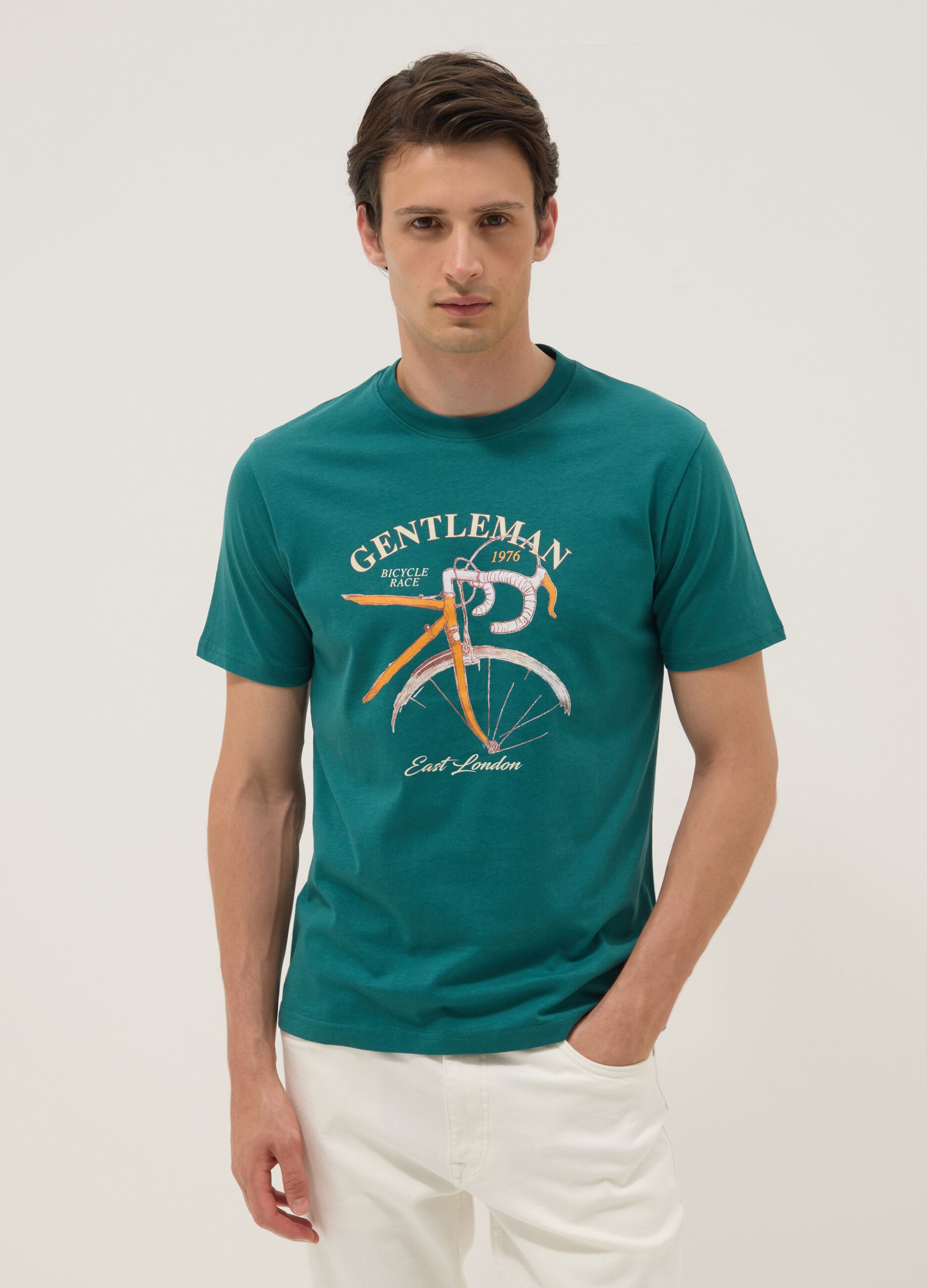 Green short-sleeve pure cotton T-shirt, regular fit