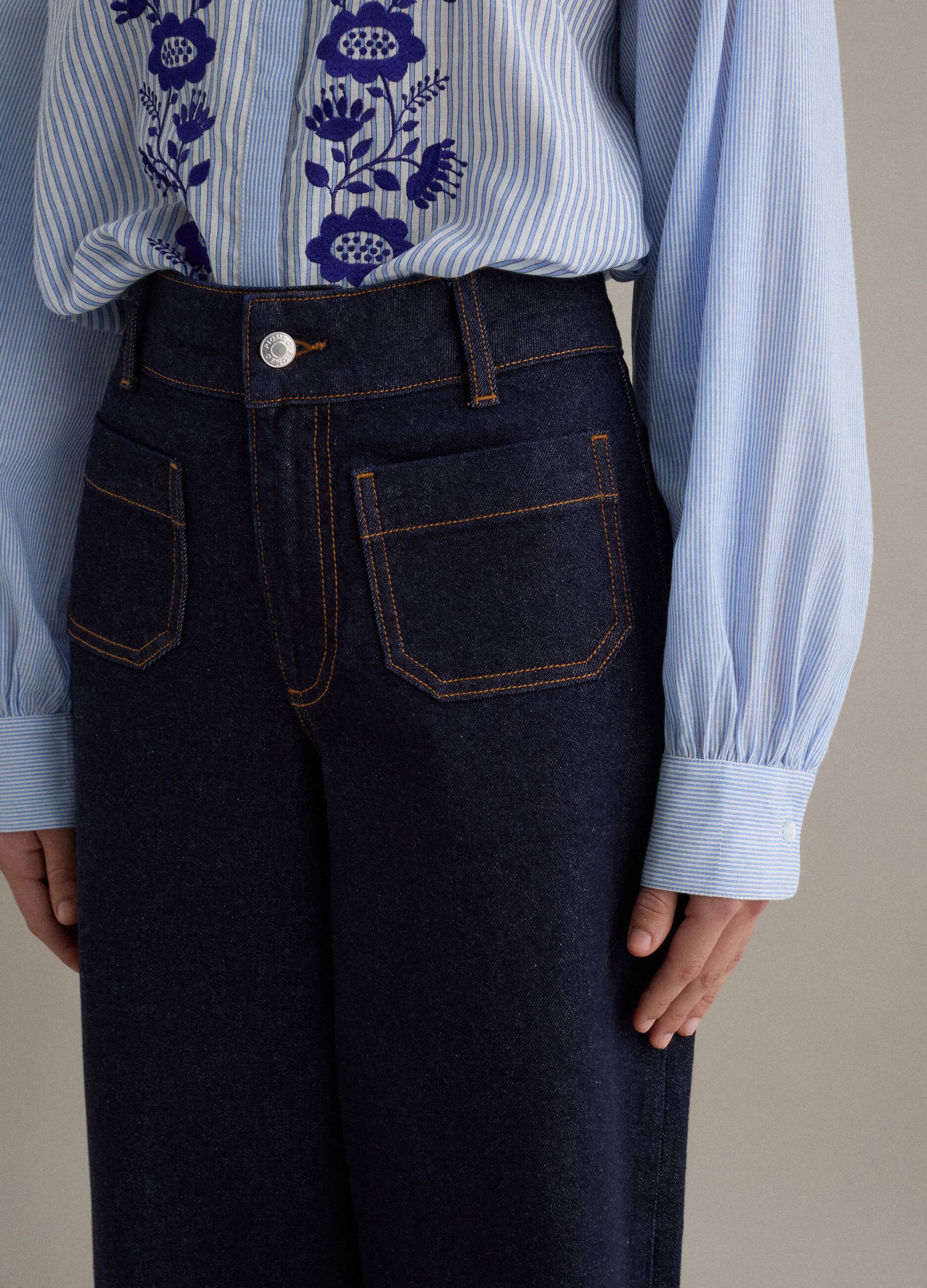 Wide-leg blue denim cotton jeans