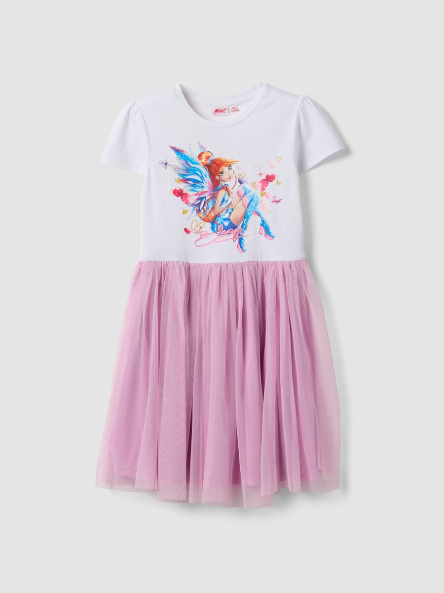 Abito mini rosa e bianco in cotone elasticizzato con tulle per bambina regular fit_0