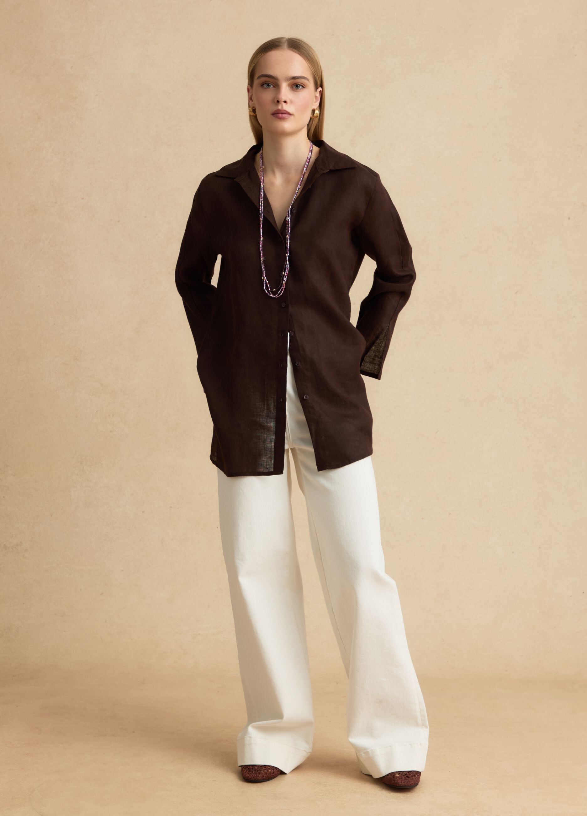 Oversized pure linen brown shirt