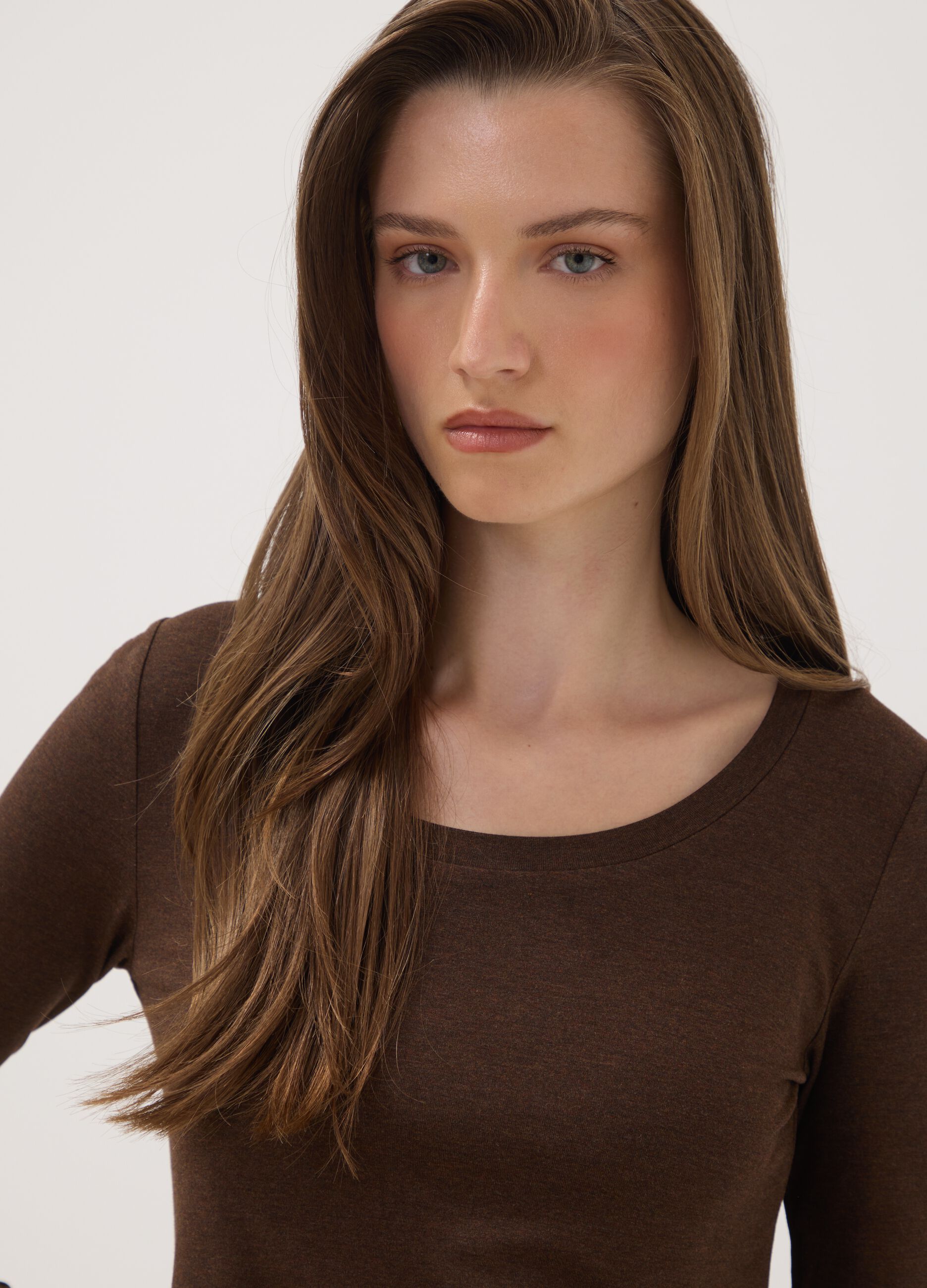 Brown stretch-viscose crew-neck slim-fit T-shirt