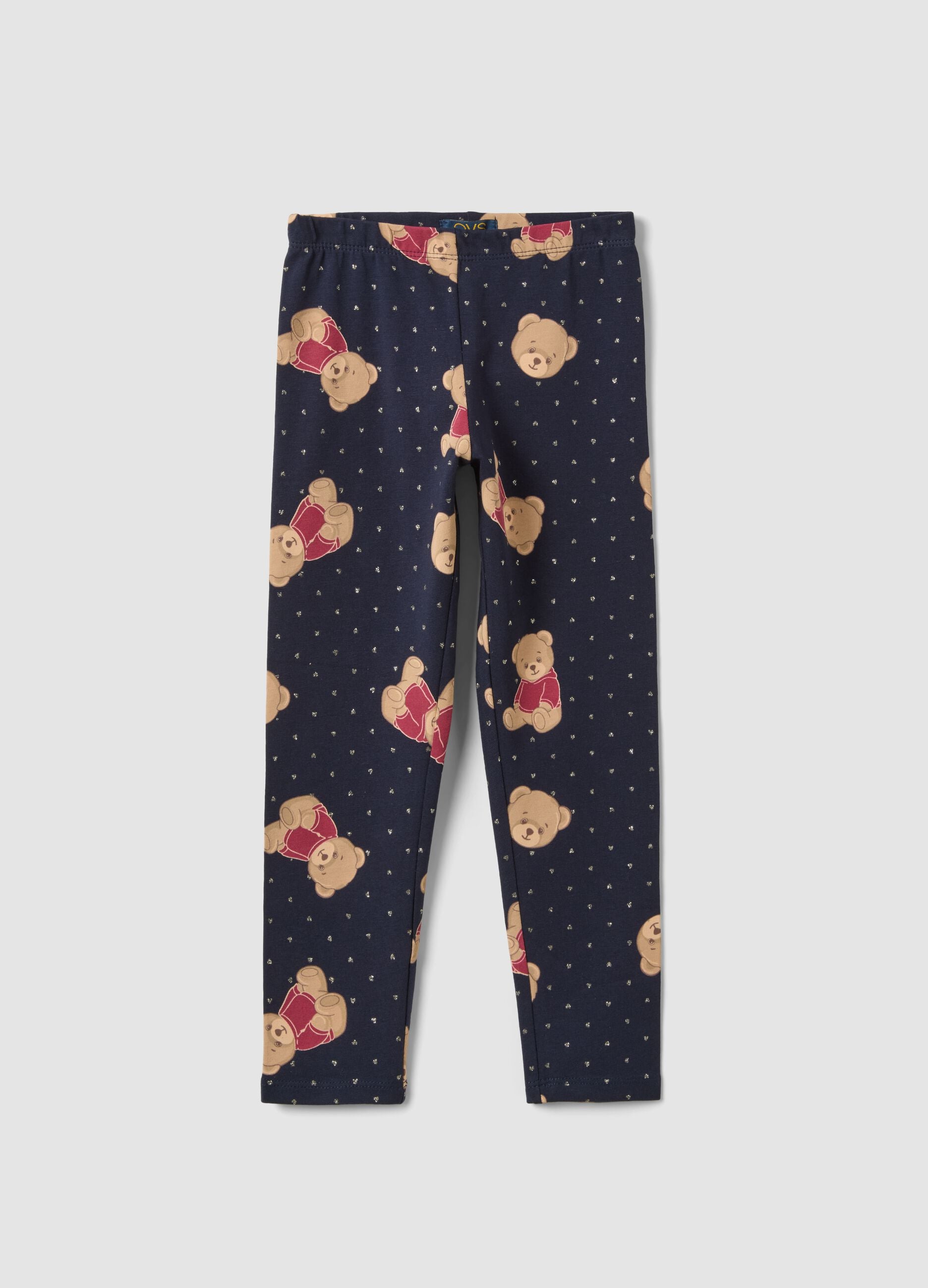 Blue stretch organic cotton leggings with teddy bear print for girls