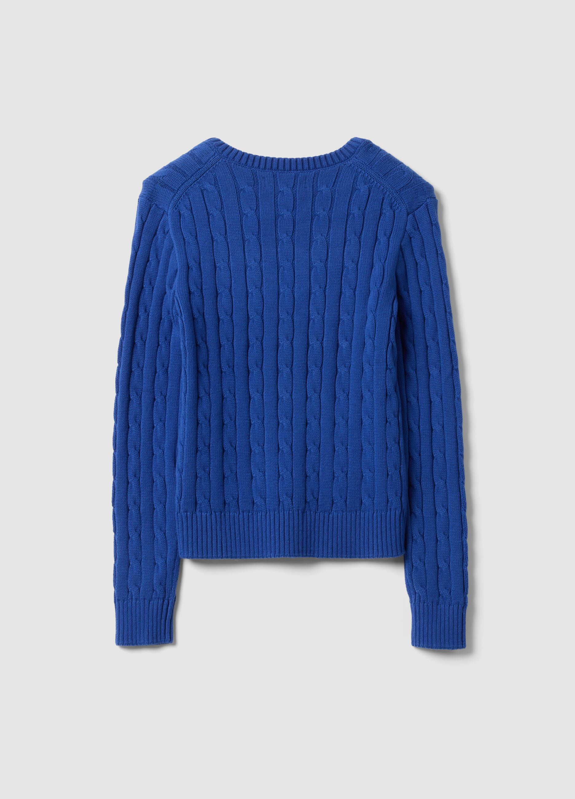 Blue pure cotton cable-knit jumper with deep V-neck