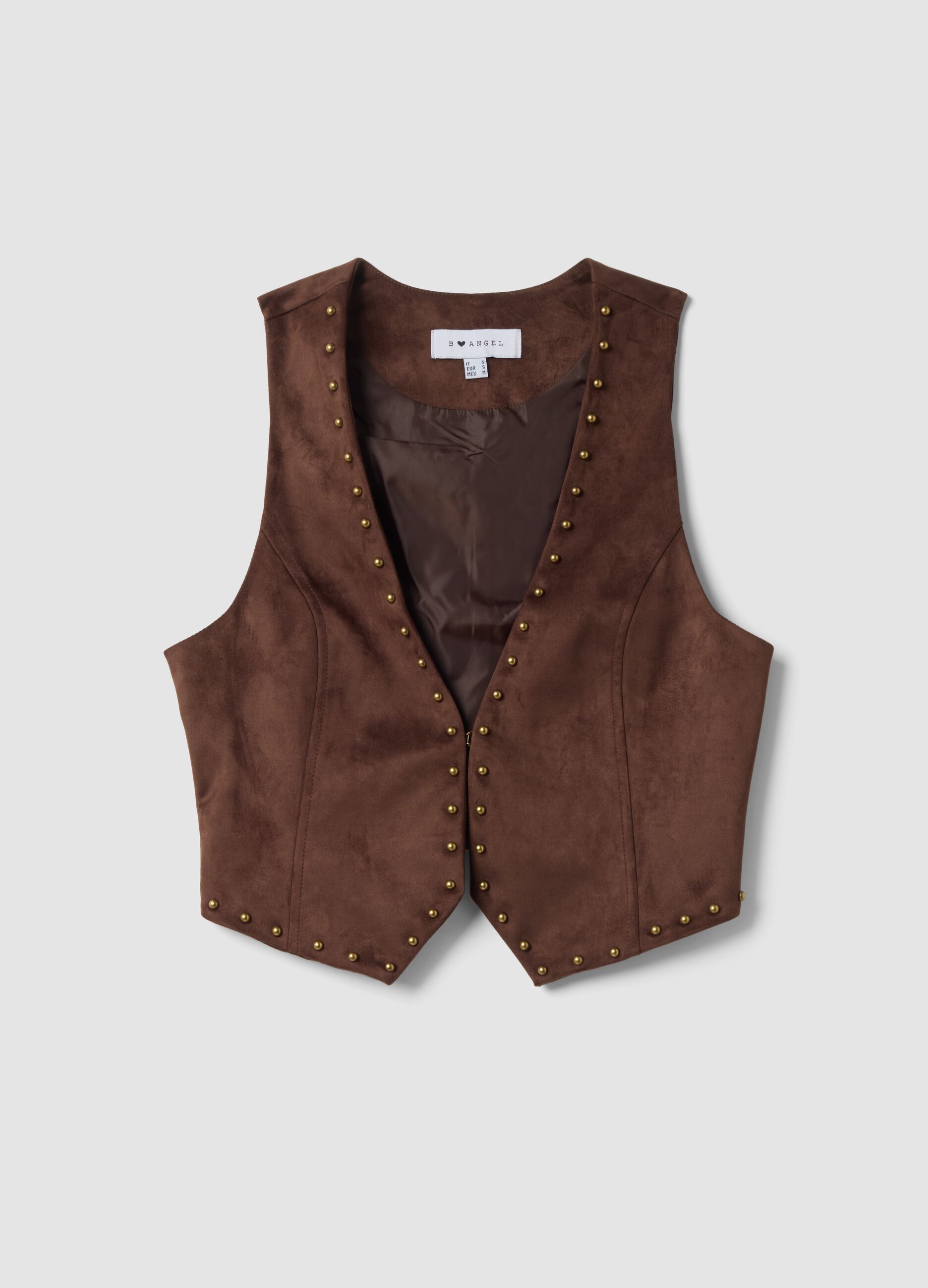 Brown stretch fabric gilet with studs, regular fit
