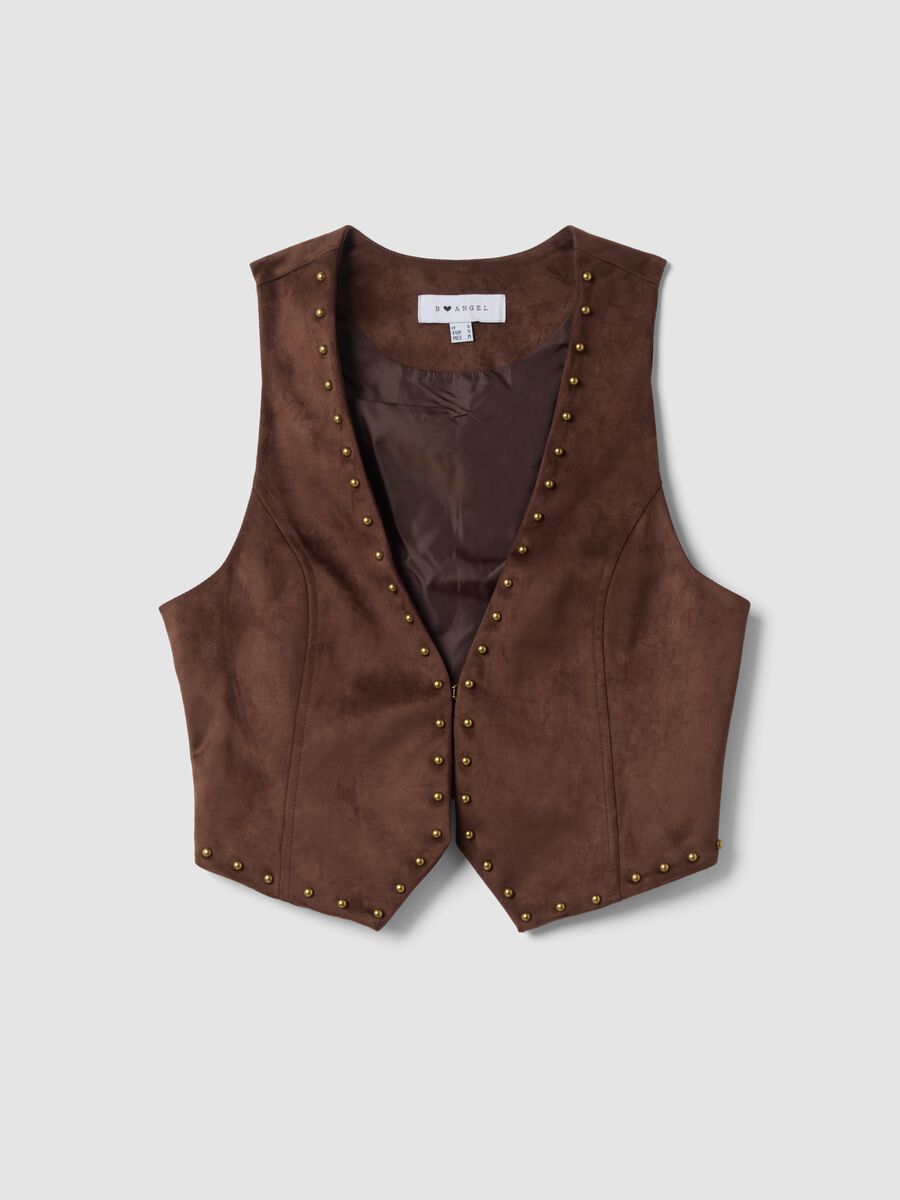 Brown stretch fabric gilet with studs, regular fit_4