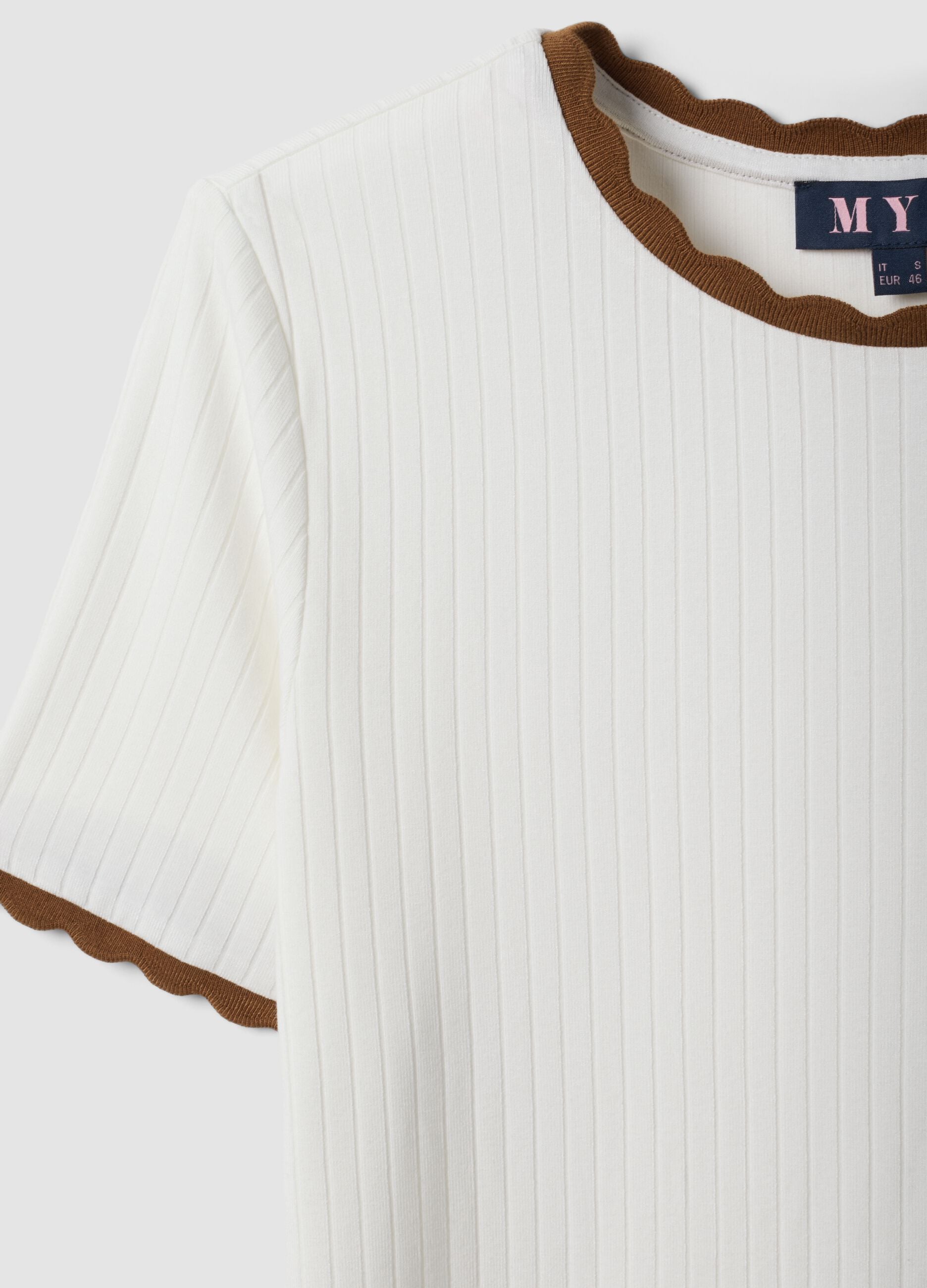 White stretch viscose crew-neck T-shirt with contrast trim