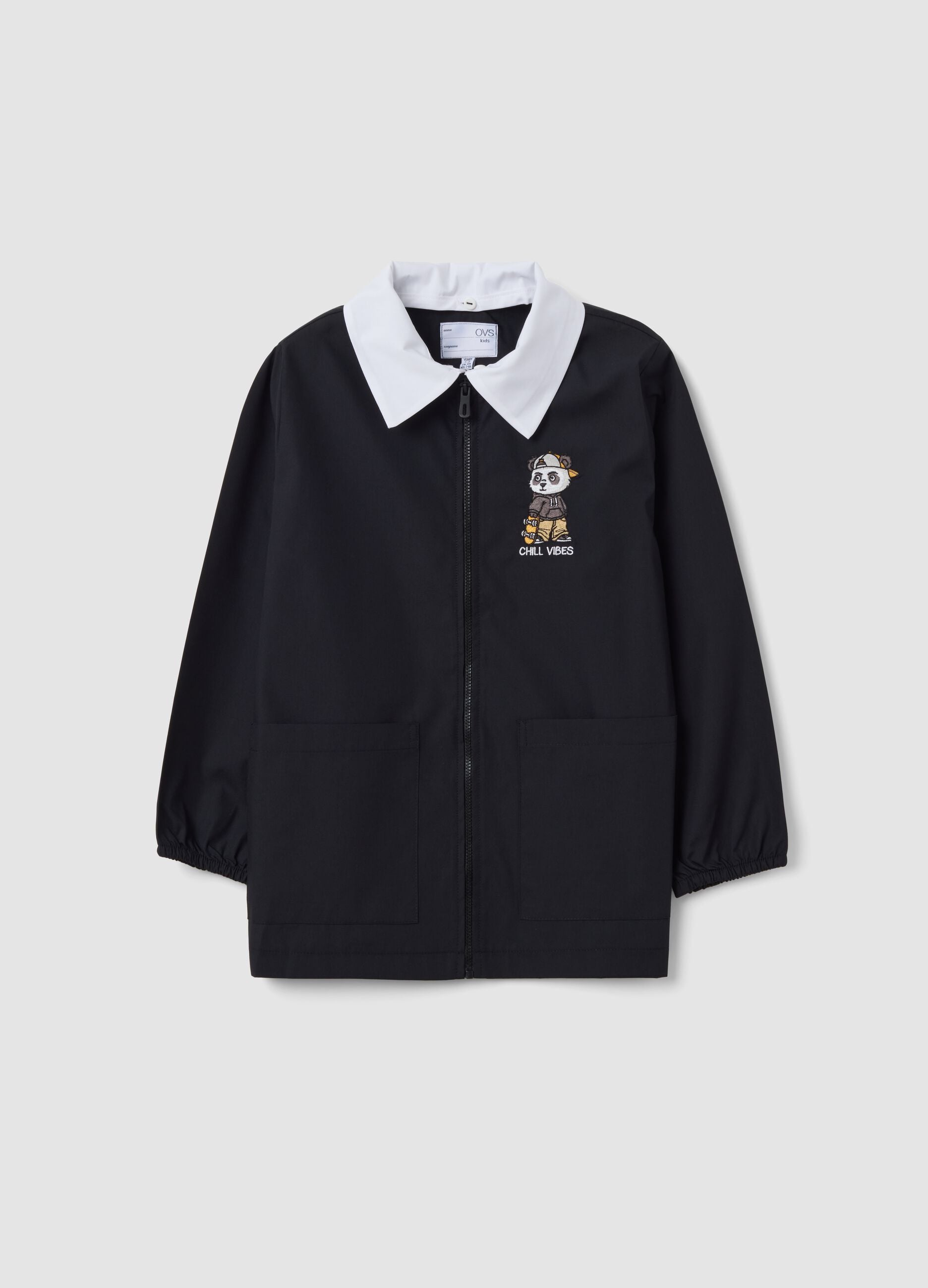 Customisable black school apron with embroidered panda for boys