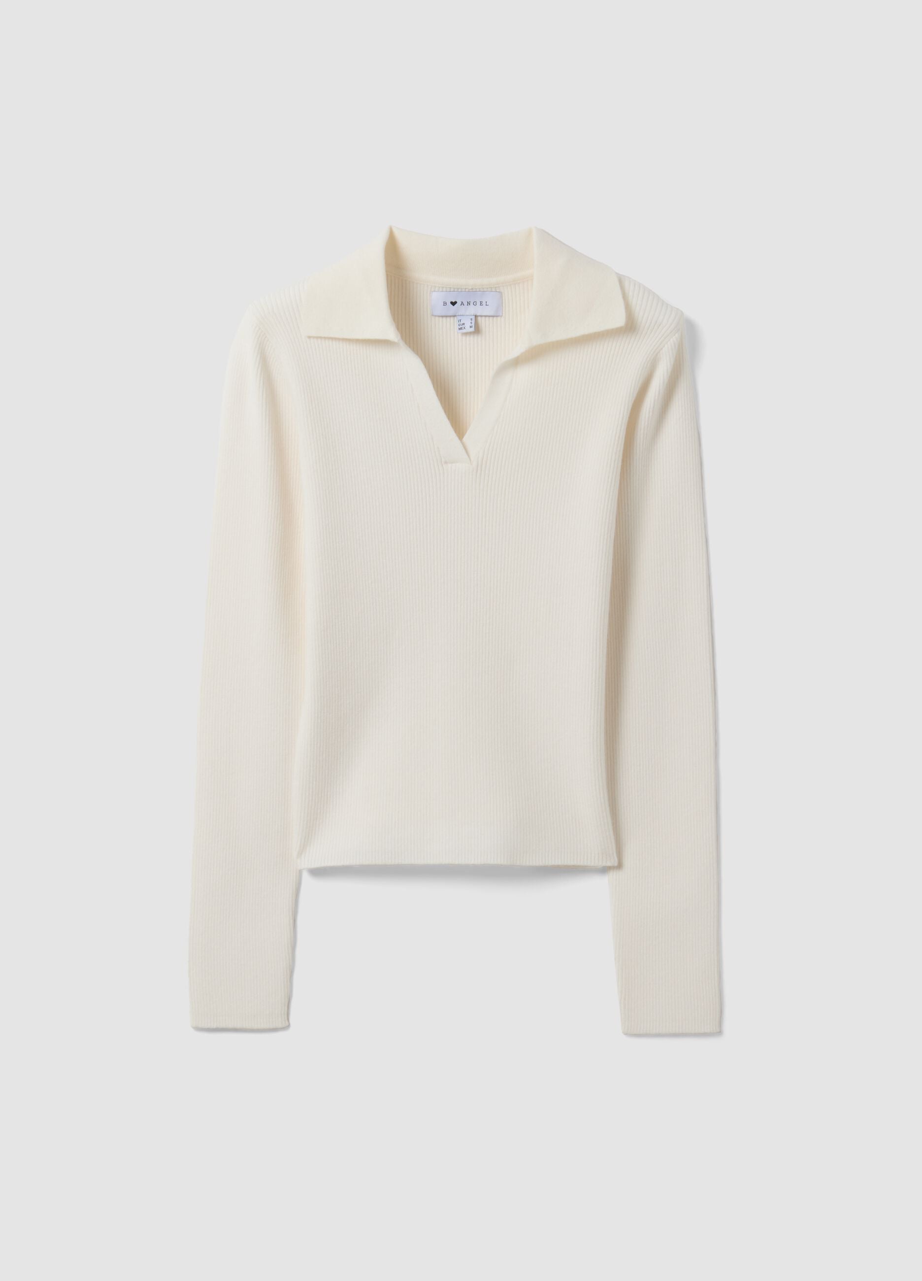White viscose-blend fitted polo-collar top