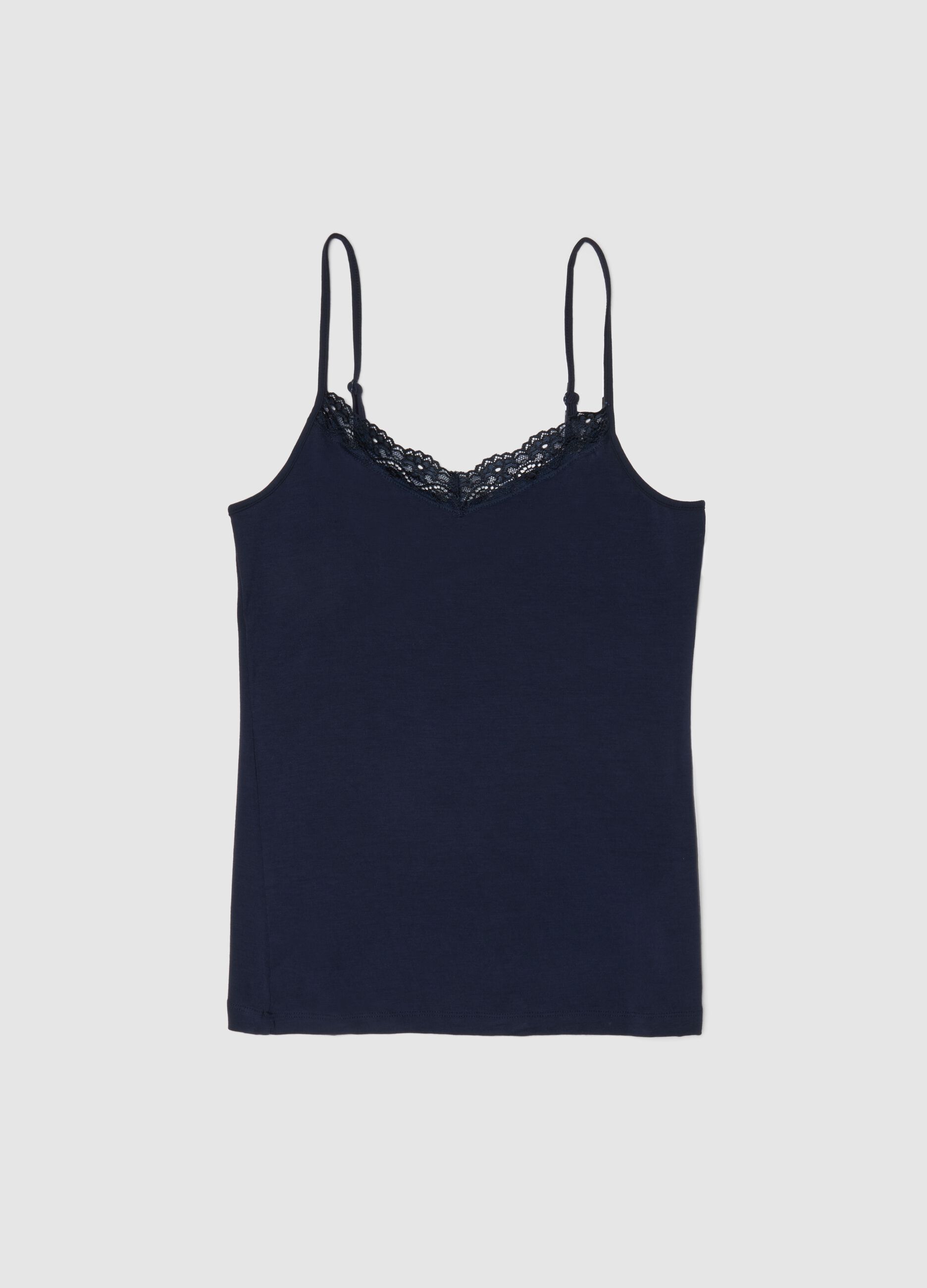 Blue slim fit stretch viscose camisole with lace