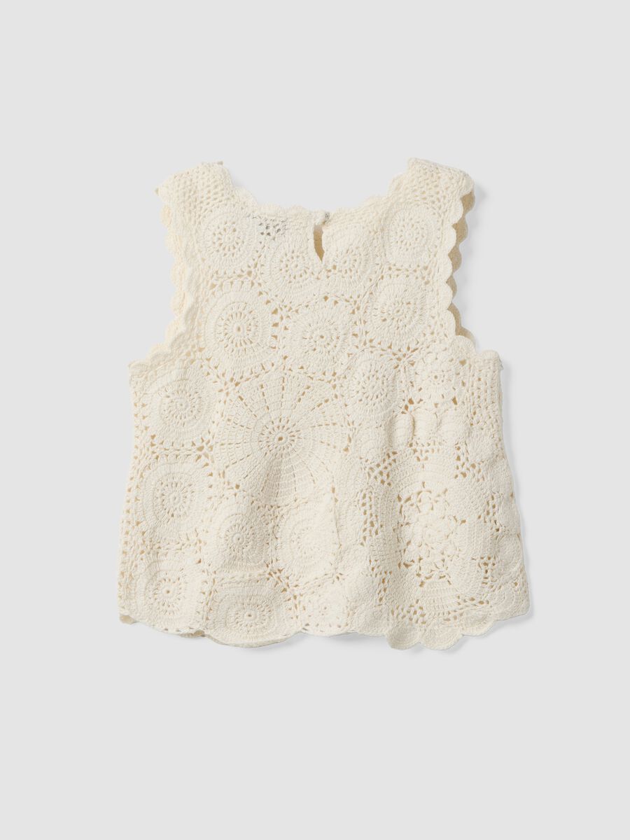 Girls&rsquo; white pure cotton tank top with floral open-knit pattern_4