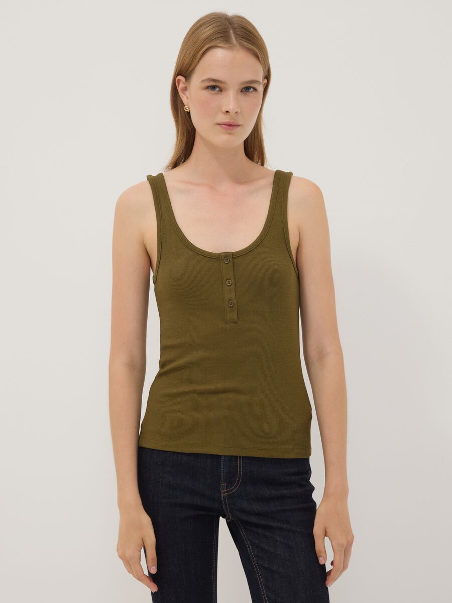 Tank top verde in cotone elasticizzato con bottoni regular fit_1