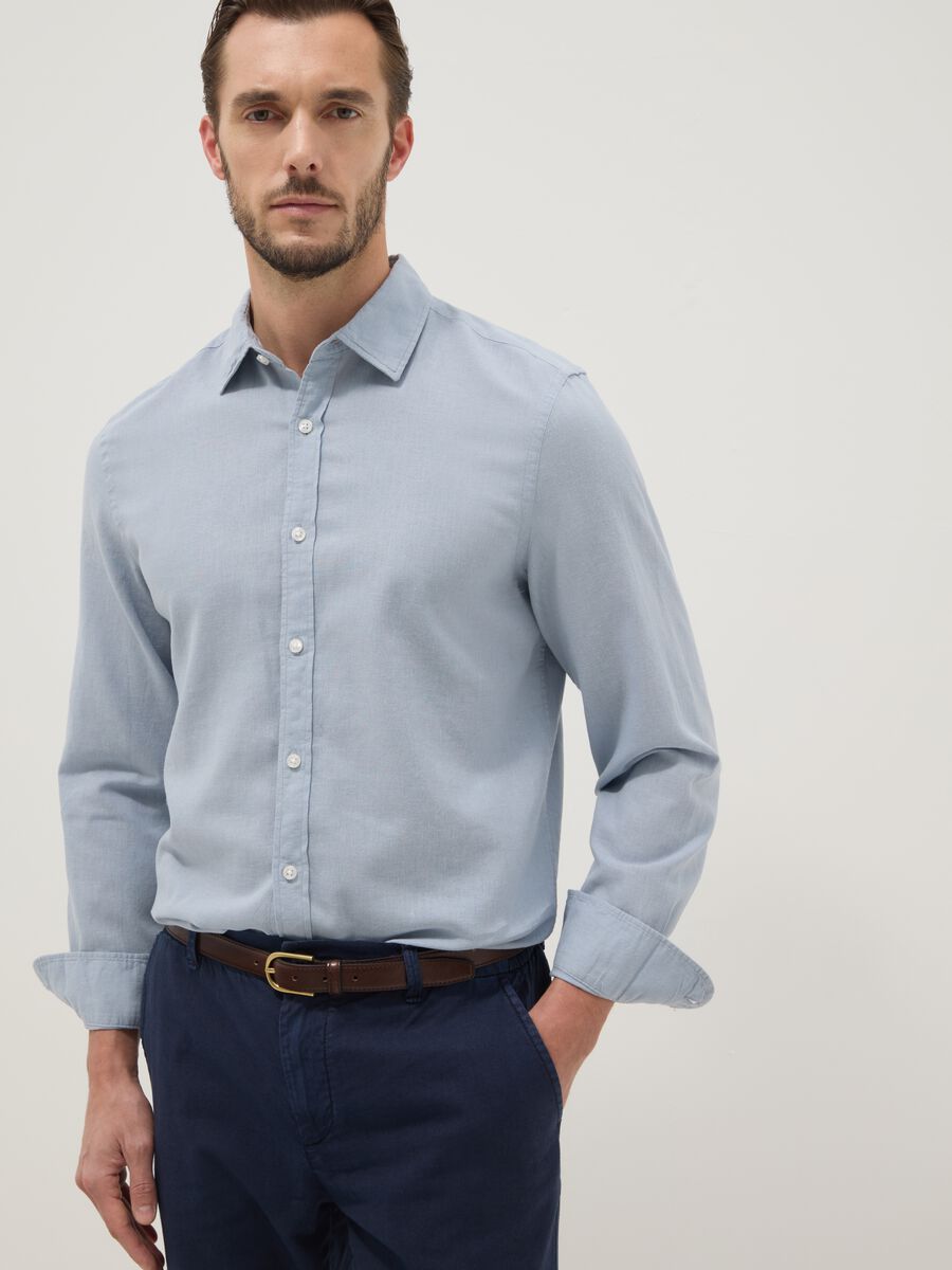 Regular fit blue shirt in linen and cotton blend_2